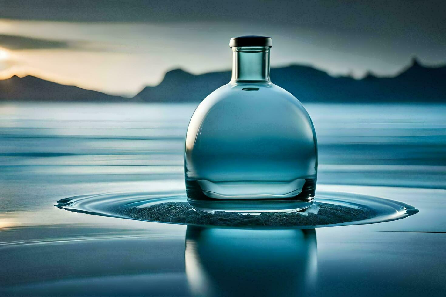 a bottle of water sitting on the beach with a mountain in the background. AI-Generated photo