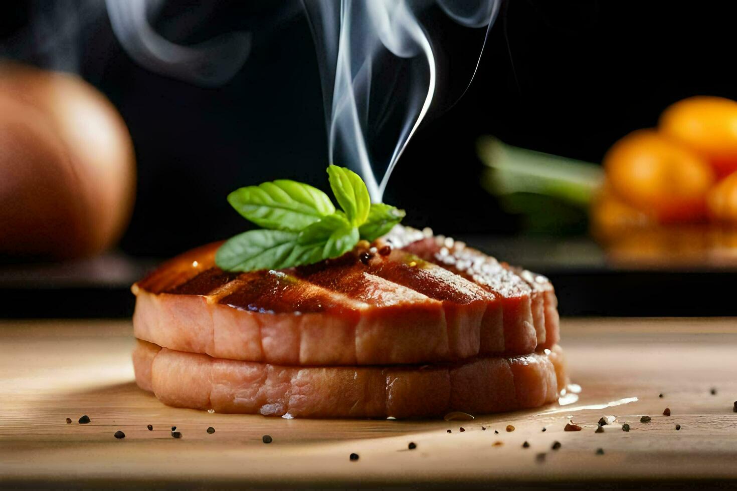 a piece of meat on a wooden cutting board with smoke coming out of it. AI-Generated photo