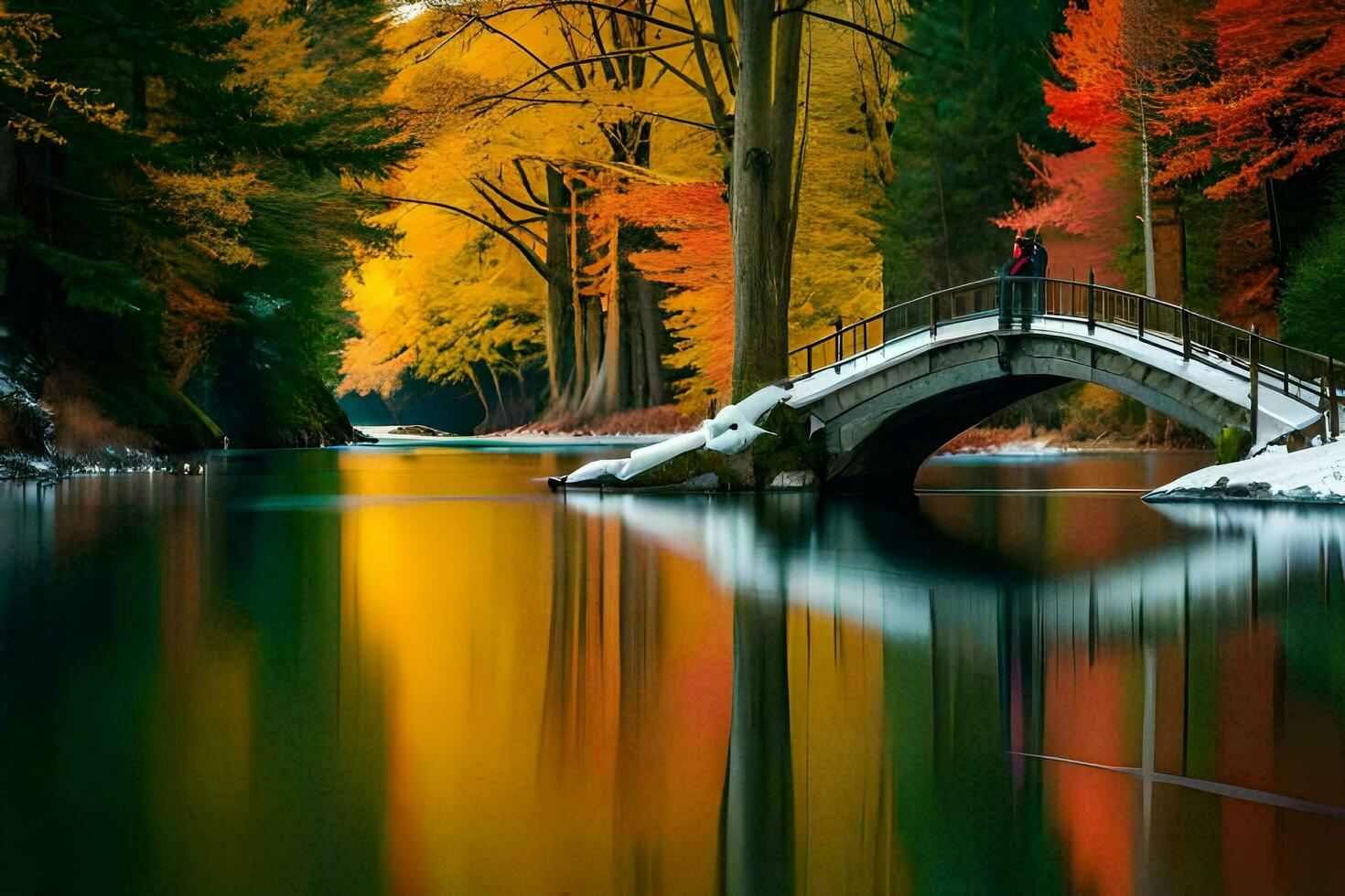 a bridge over a river in the fall with colorful trees. AI-Generated photo