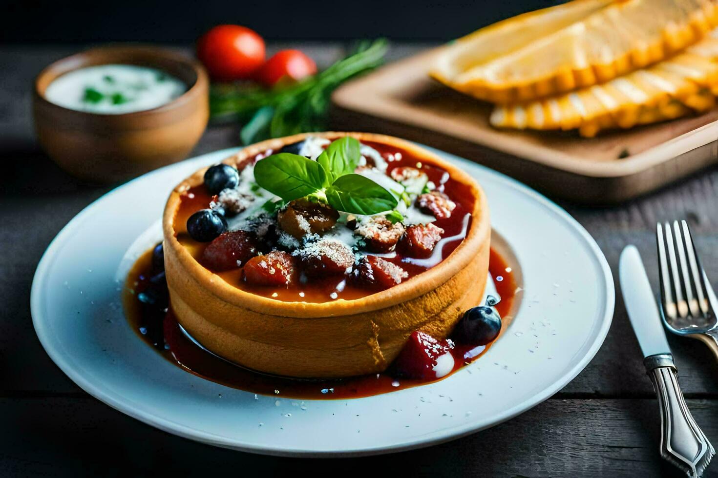 the food is served on a plate with a fork and knife. AI-Generated photo