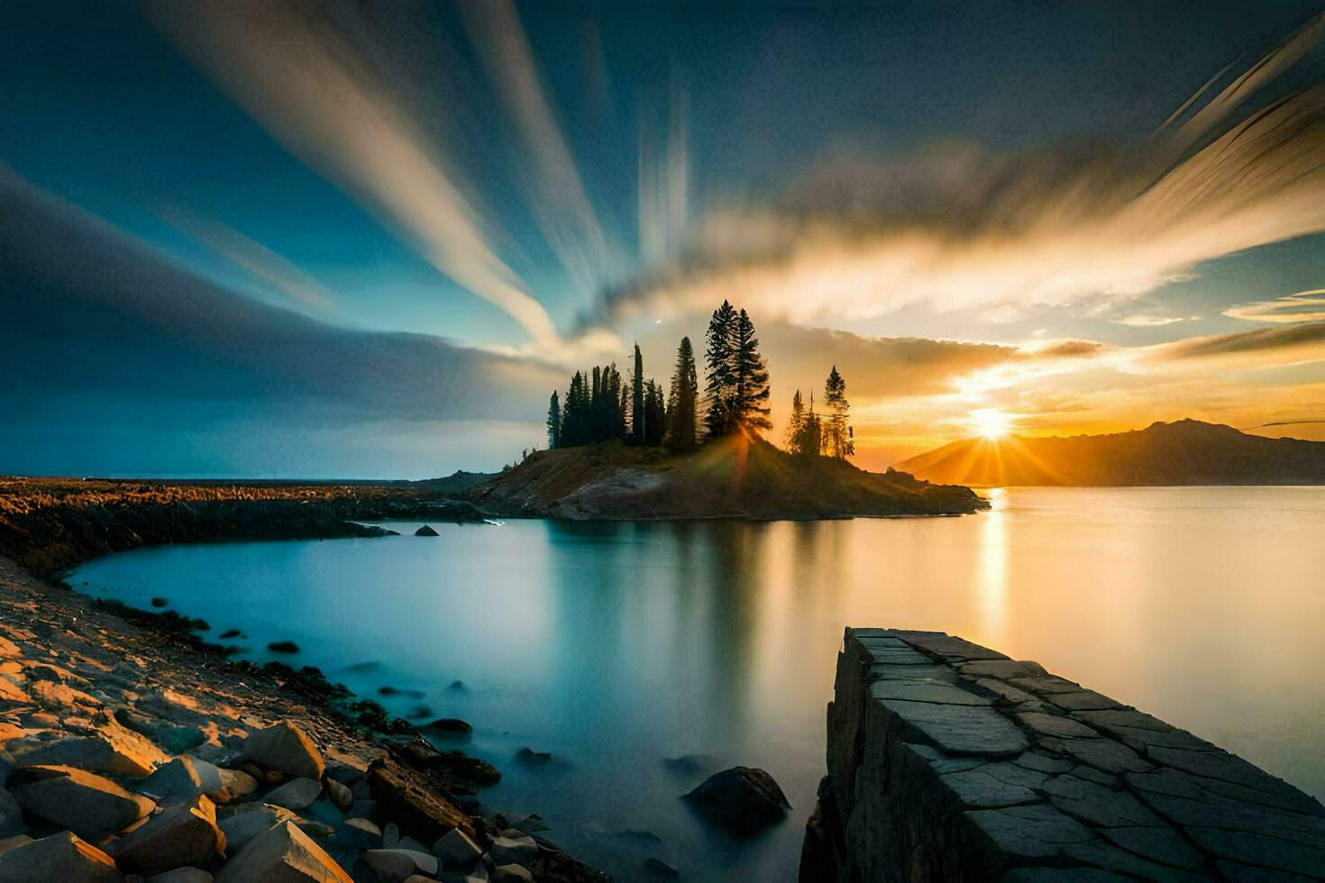 a beautiful sunset over a lake and rocks. AI-Generated photo