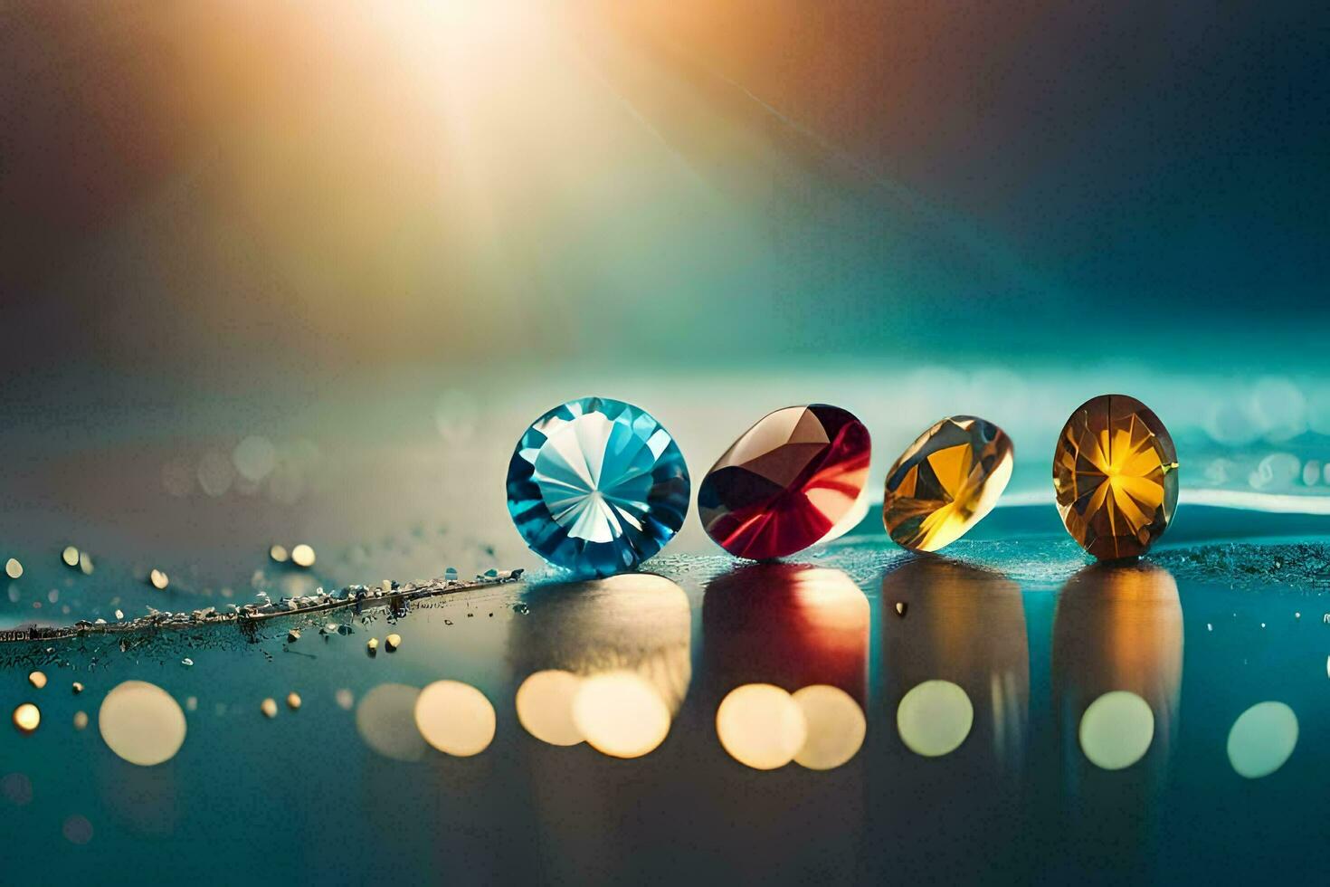 four colorful gems on a table with a light shining on them. AI-Generated photo