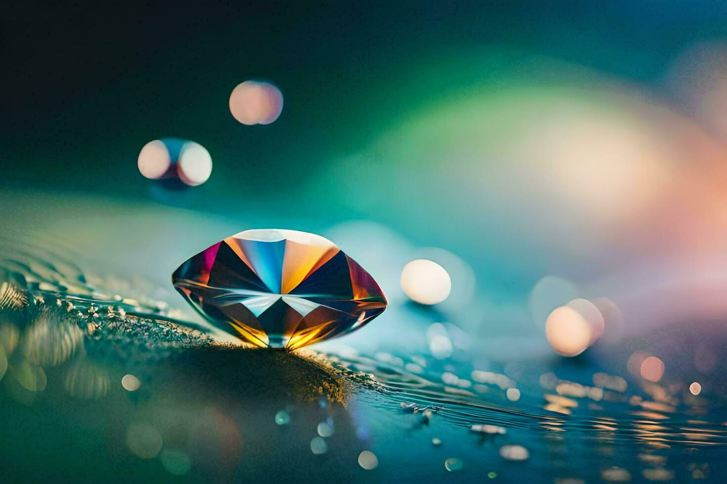 a diamond is sitting on a table with water droplets. AI-Generated photo