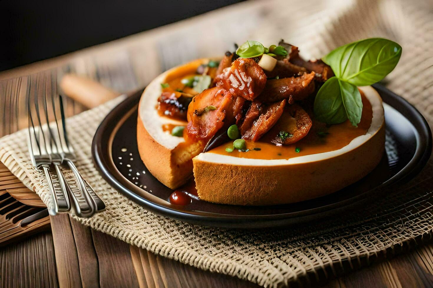 the food is served on a plate with a fork and knife. AI-Generated photo