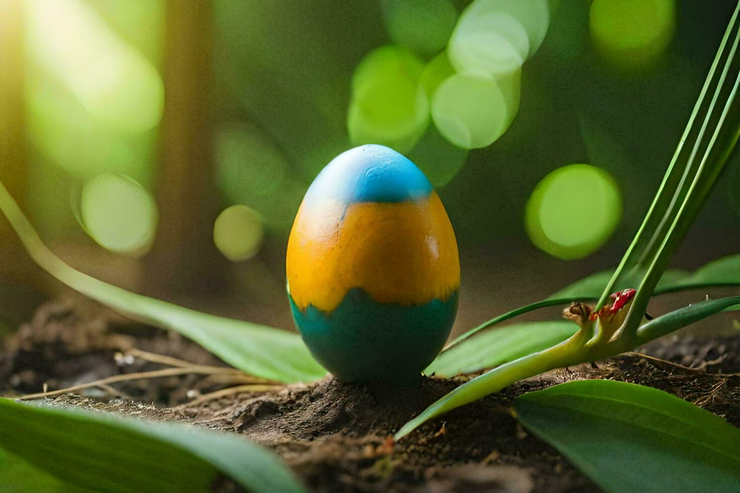 a colorful easter egg is sitting in the dirt. AI-Generated photo