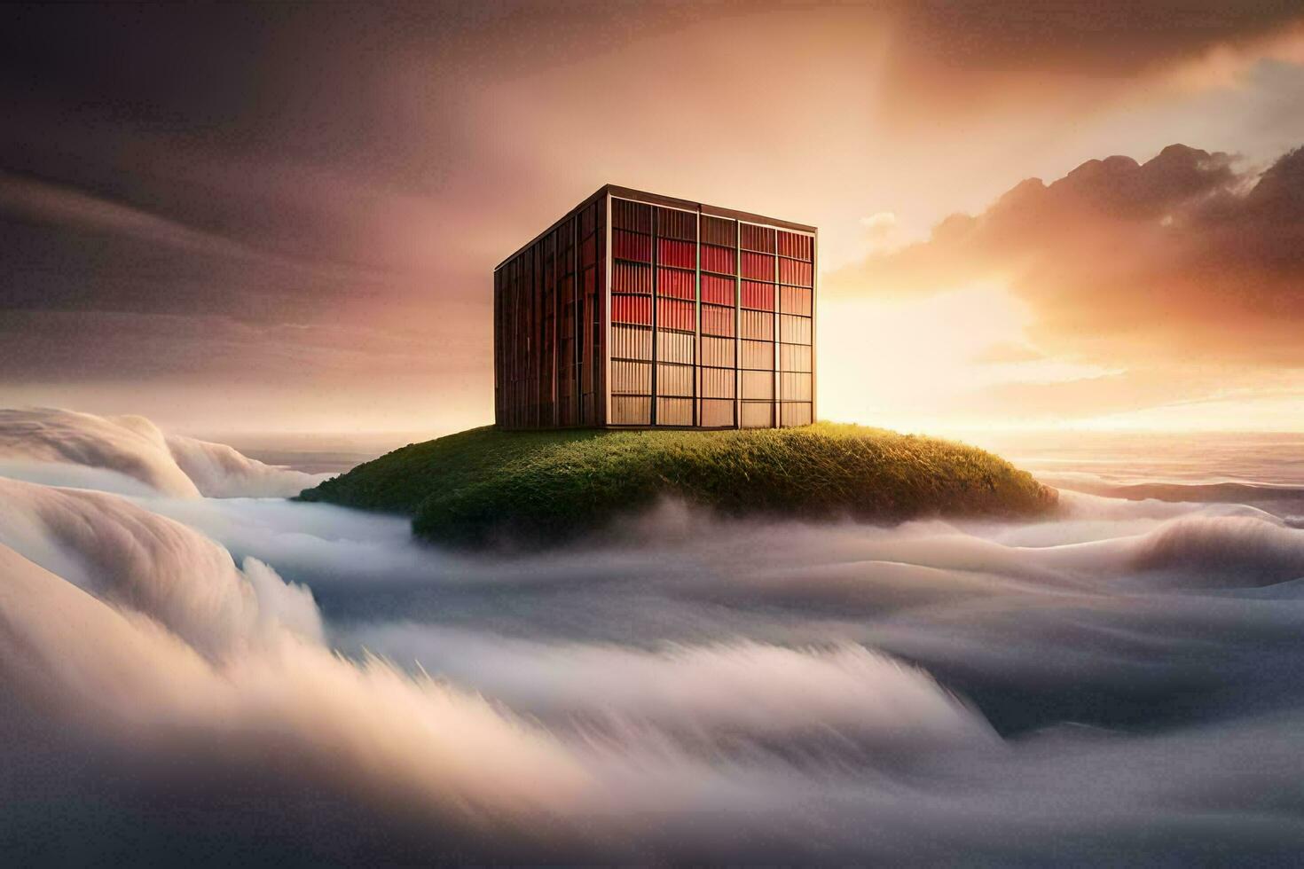 a building in the clouds with a red roof. AI-Generated photo