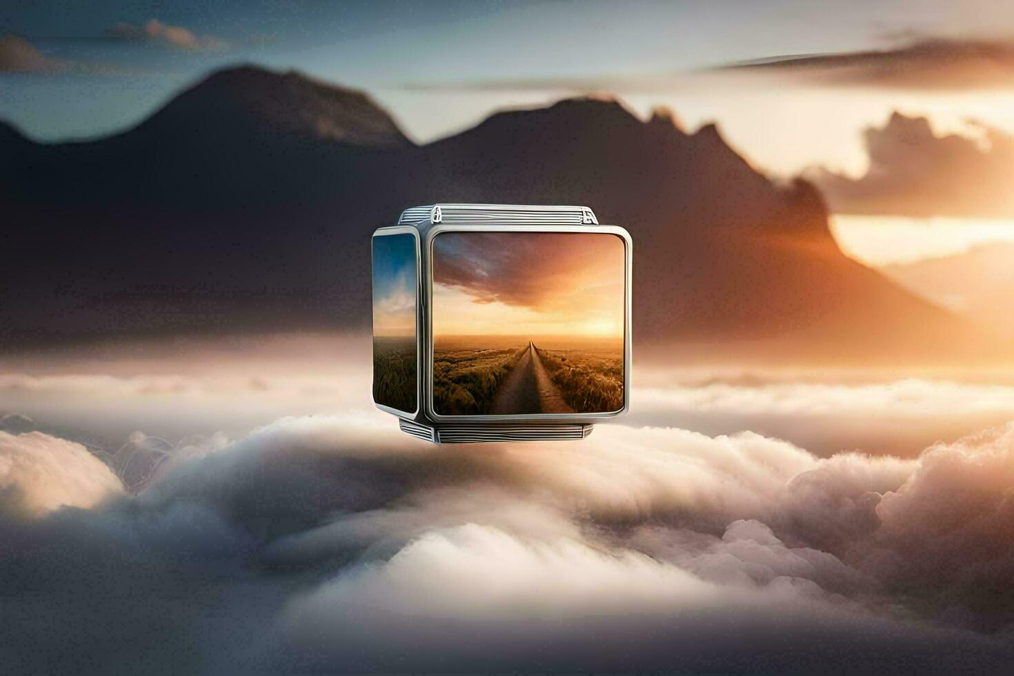 un inteligente reloj flotante en el nubes con un puesta de sol. generado por ai foto