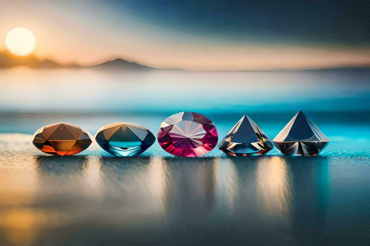 five different colored diamonds on a table. AI-Generated photo