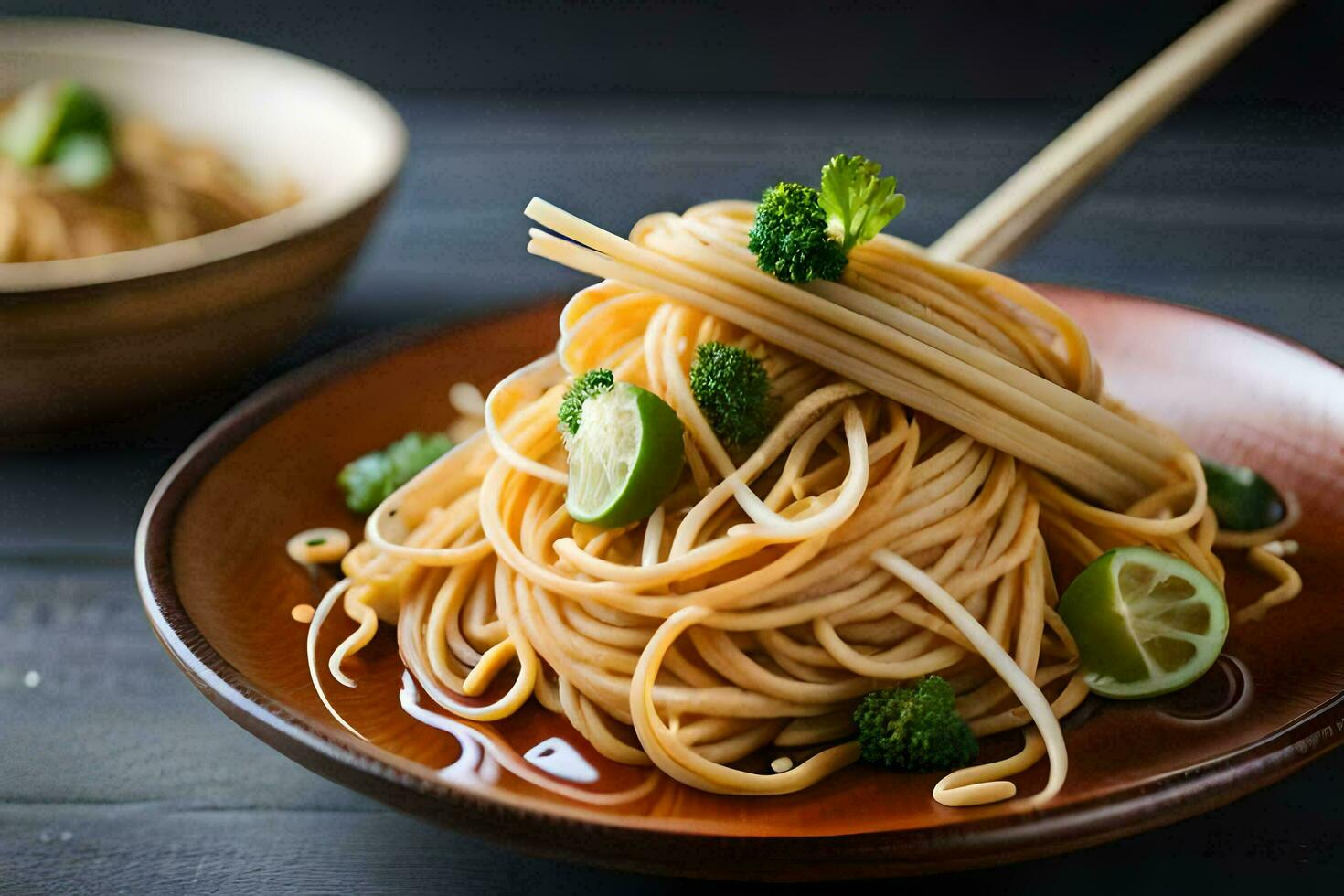 a bowl of noodles with chopsticks and a bowl of broccoli. AI-Generated photo