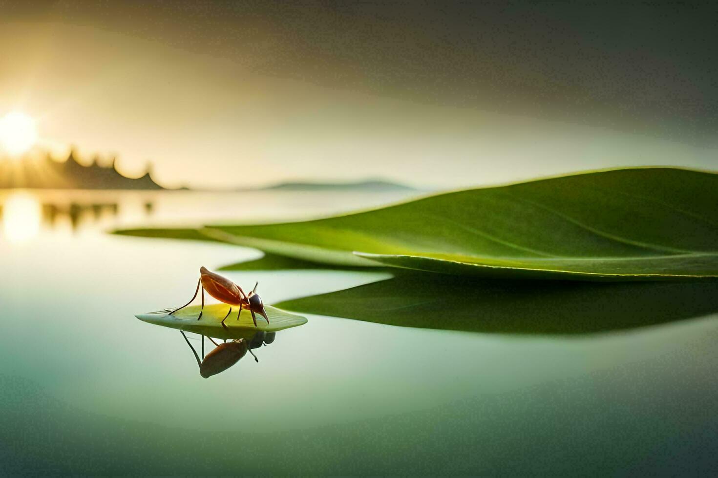 a bug sits on a leaf in the water. AI-Generated photo