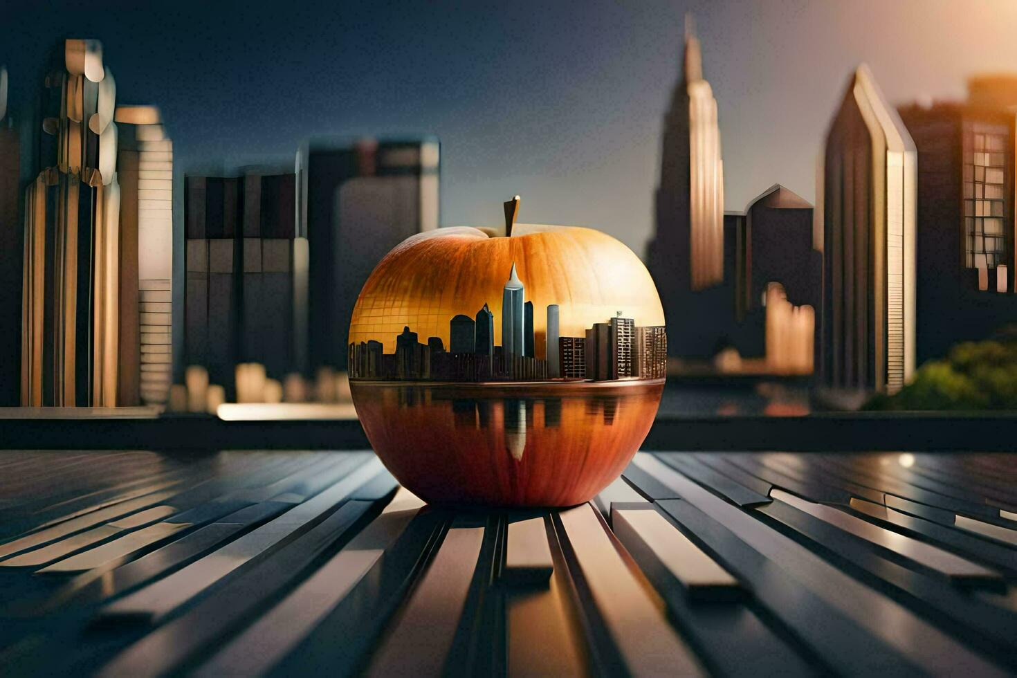 an apple with a cityscape on it. AI-Generated photo