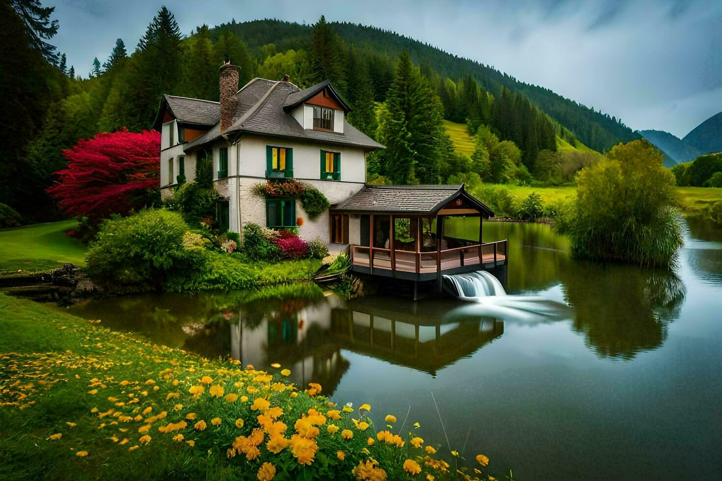 el casa en el bosque. generado por ai foto