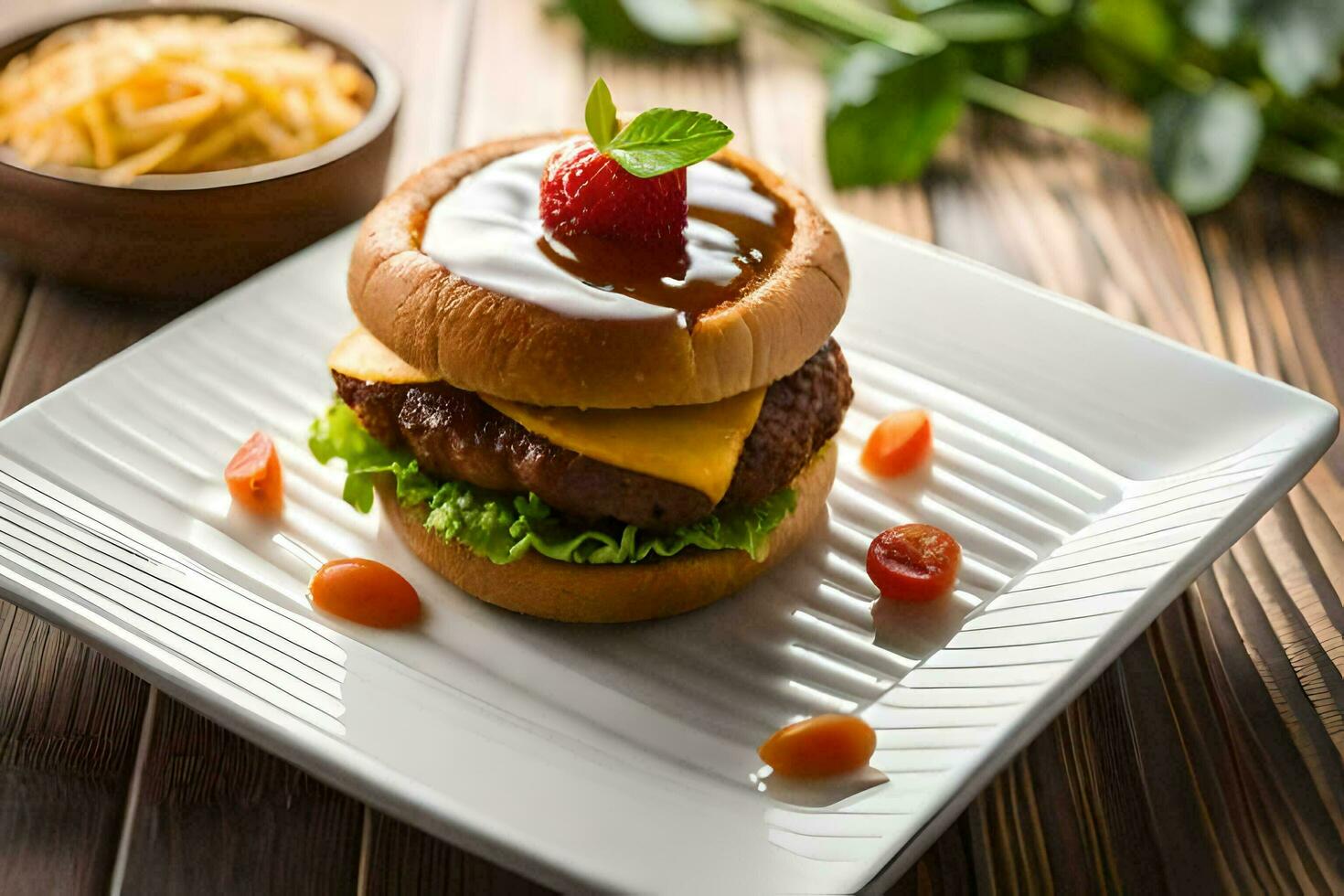 a hamburger with cheese, tomato and strawberry on a white plate. AI-Generated photo