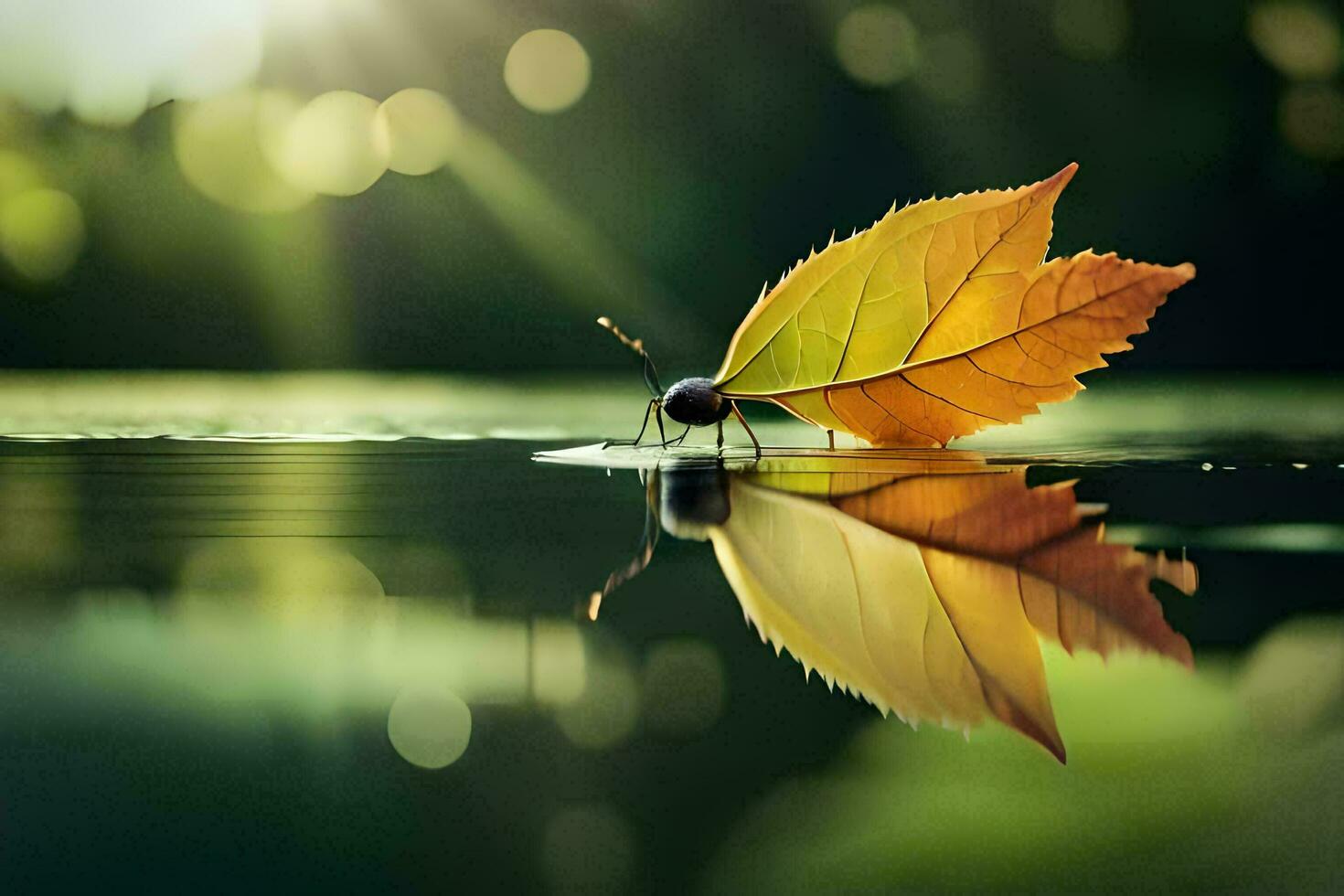 a leaf is floating on the water with a sun shining in the background. AI-Generated photo