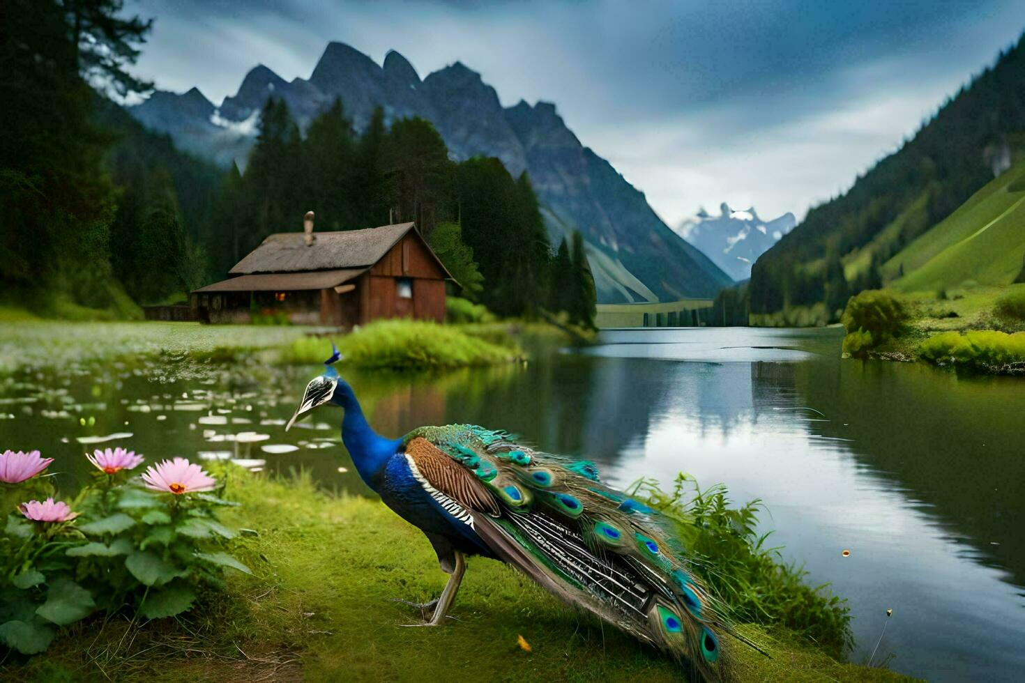 the peacock is standing in front of the lake. AI-Generated photo