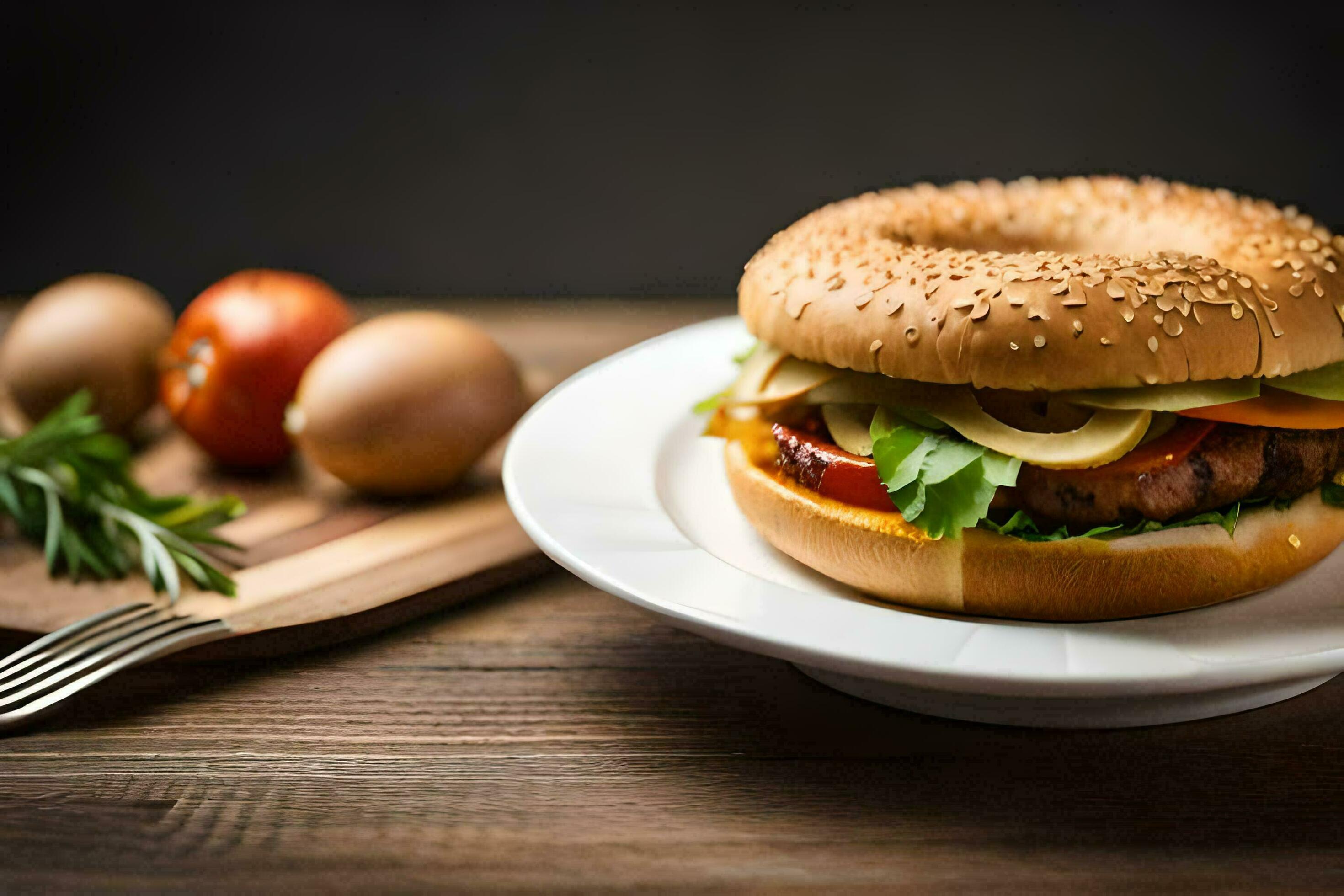 a hamburger on a bagel with eggs and tomatoes. AI-Generated 32263879 ...