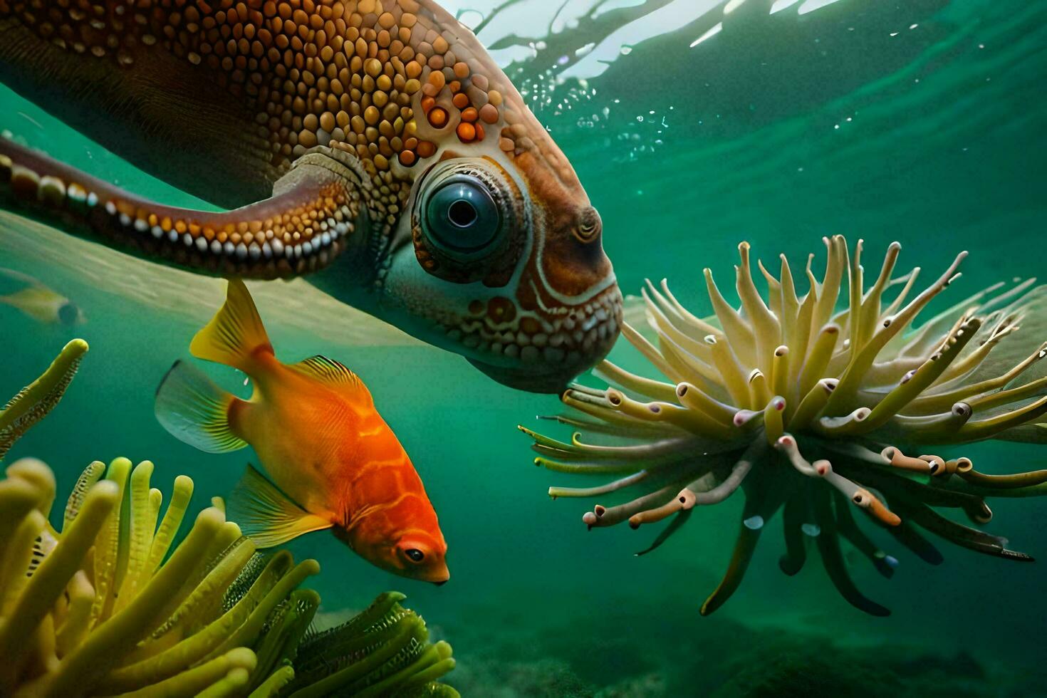 un pescado y un anémona en el océano. generado por ai foto