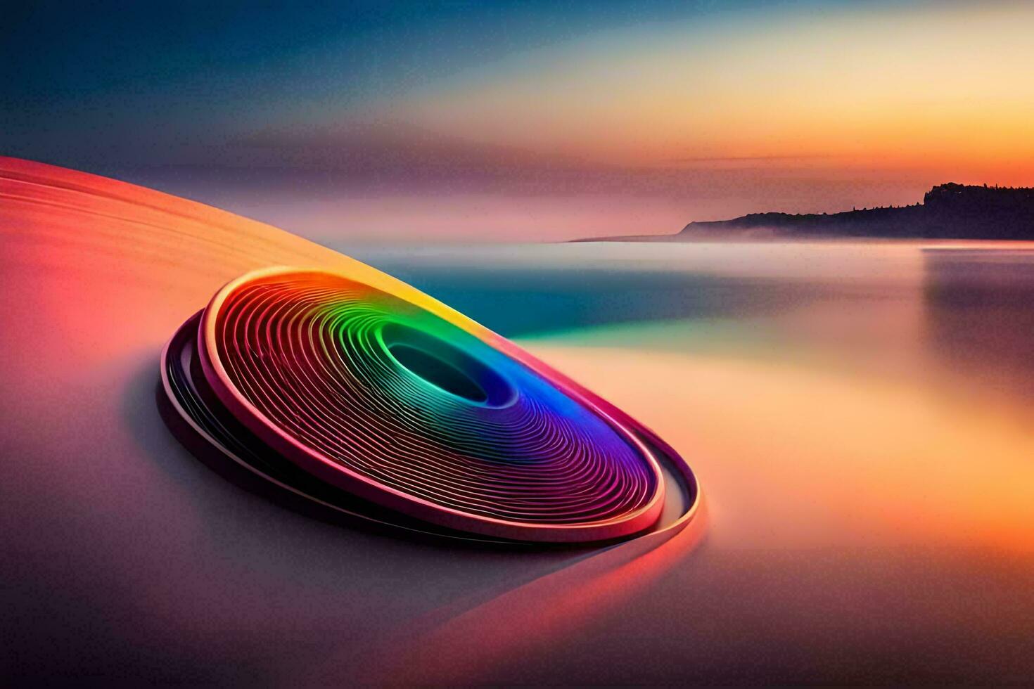 a colorful wheel sits on the beach at sunset. AI-Generated photo