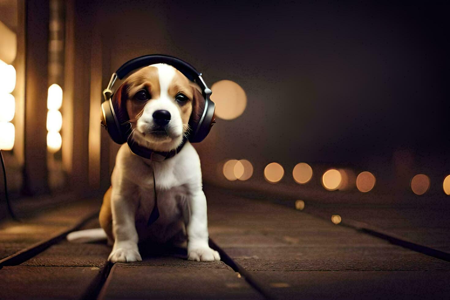 a puppy wearing headphones sits on a wooden floor. AI-Generated photo