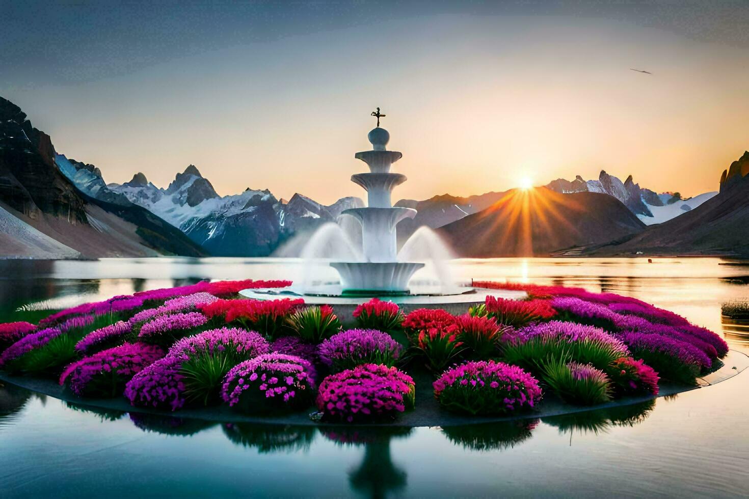 the sun rises over a fountain surrounded by flowers. AI-Generated photo