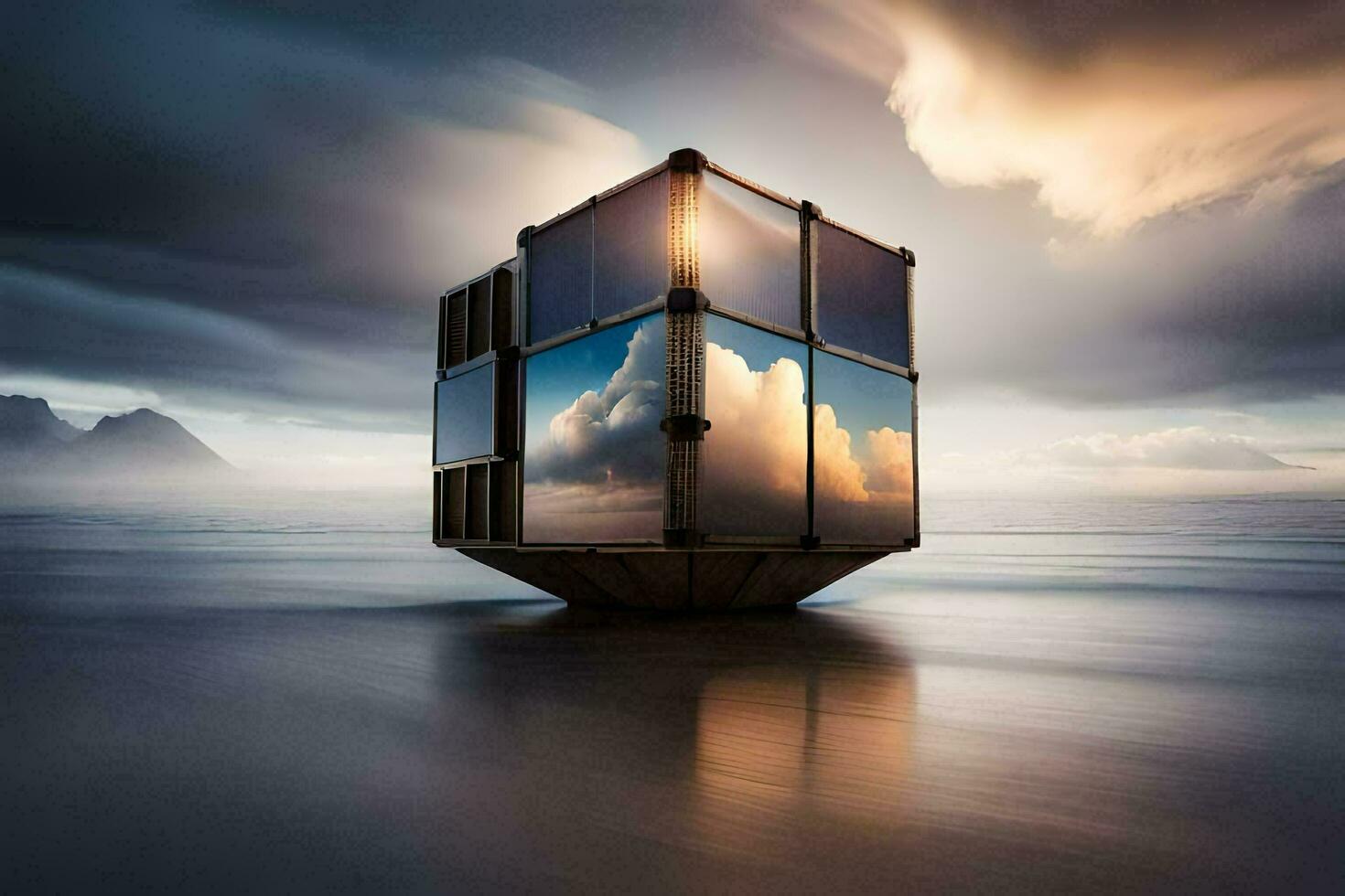 a cube shaped building in the ocean with clouds. AI-Generated photo