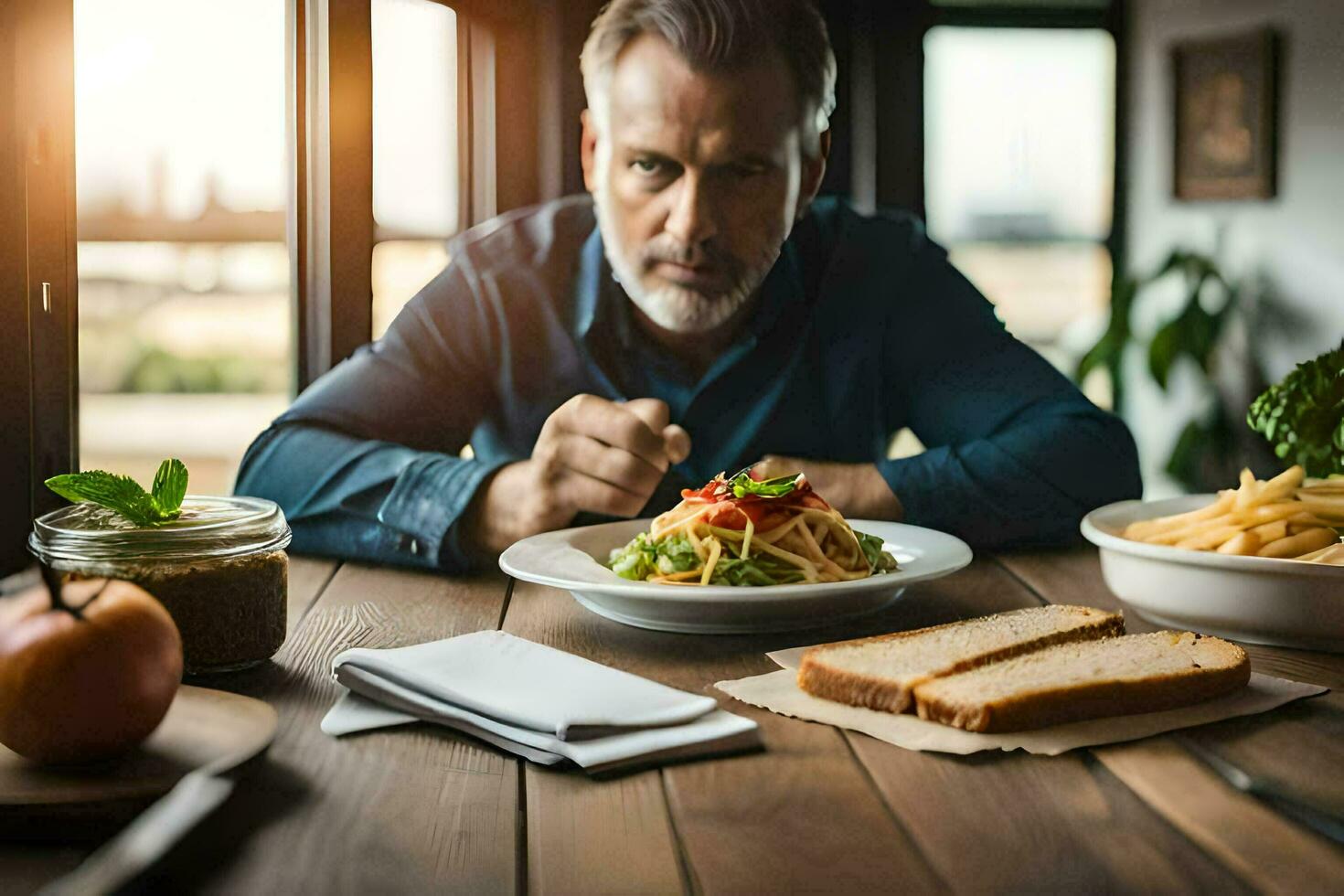 a man sitting at a table with a plate of food. AI-Generated photo