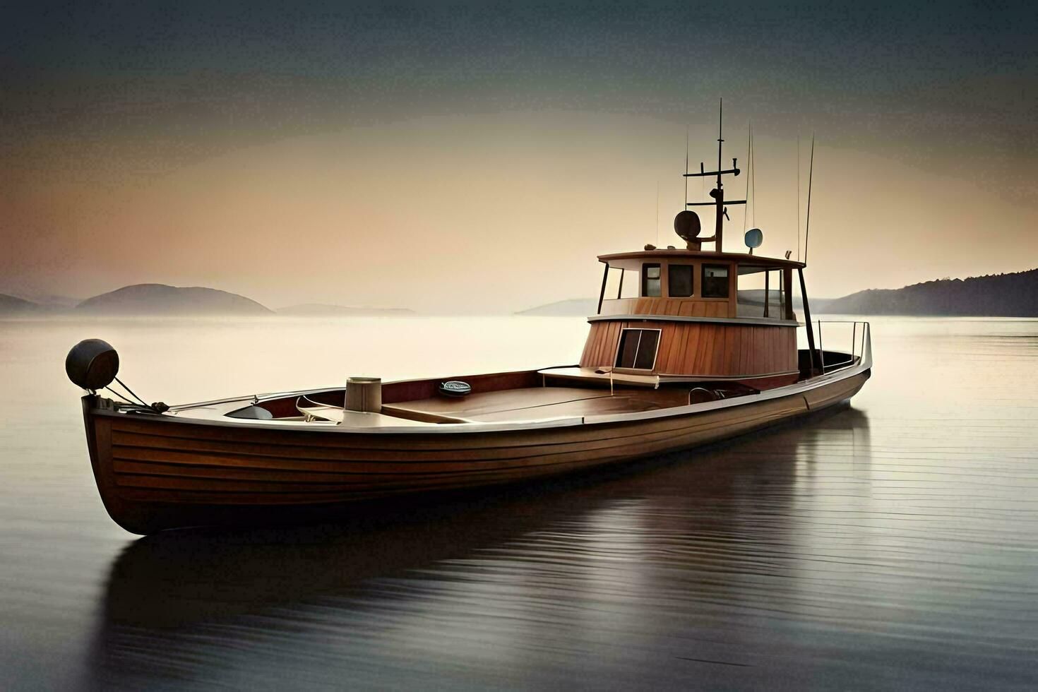 a boat is sitting on the water at sunset. AI-Generated photo