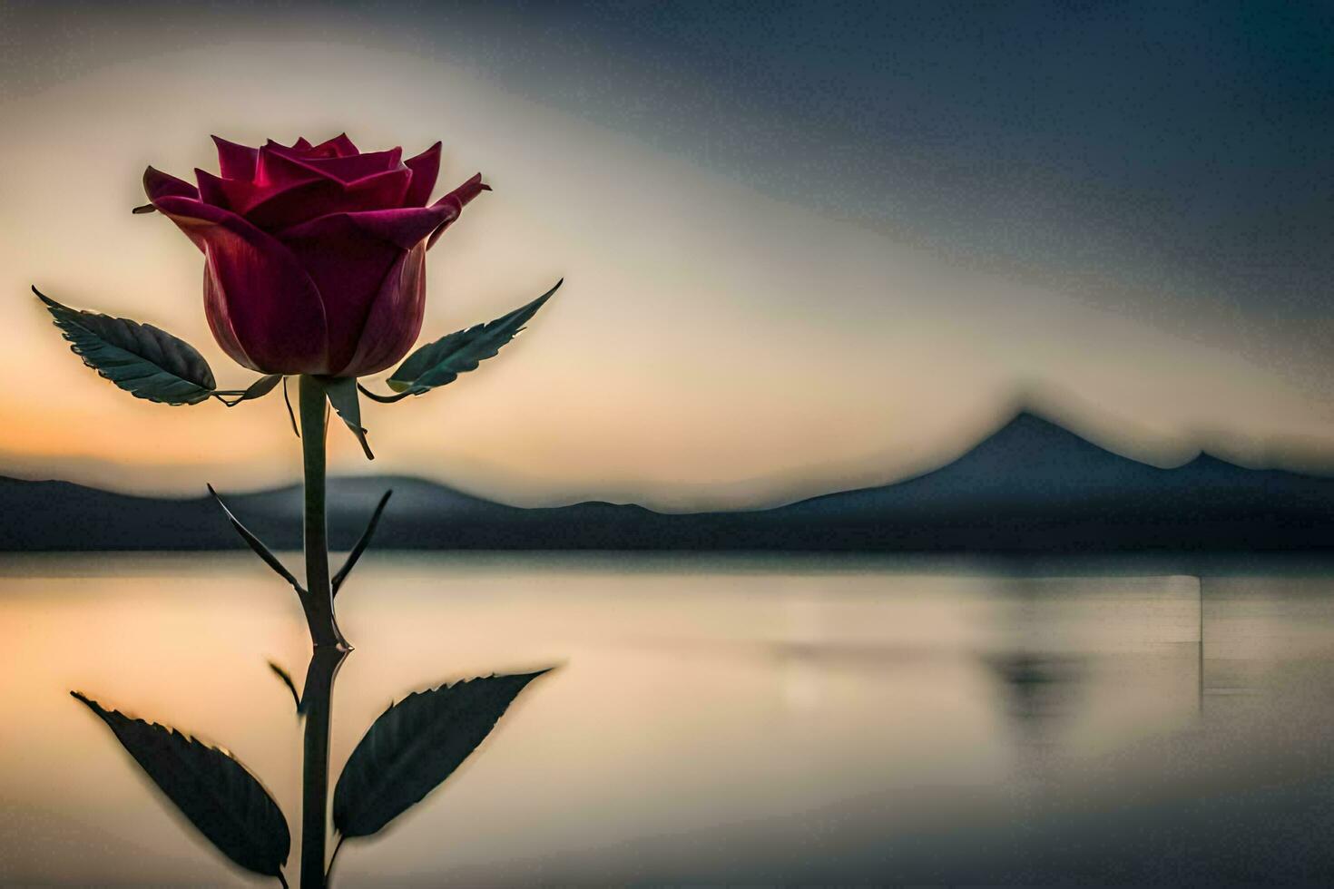a rose is standing in front of a lake at sunset. AI-Generated photo