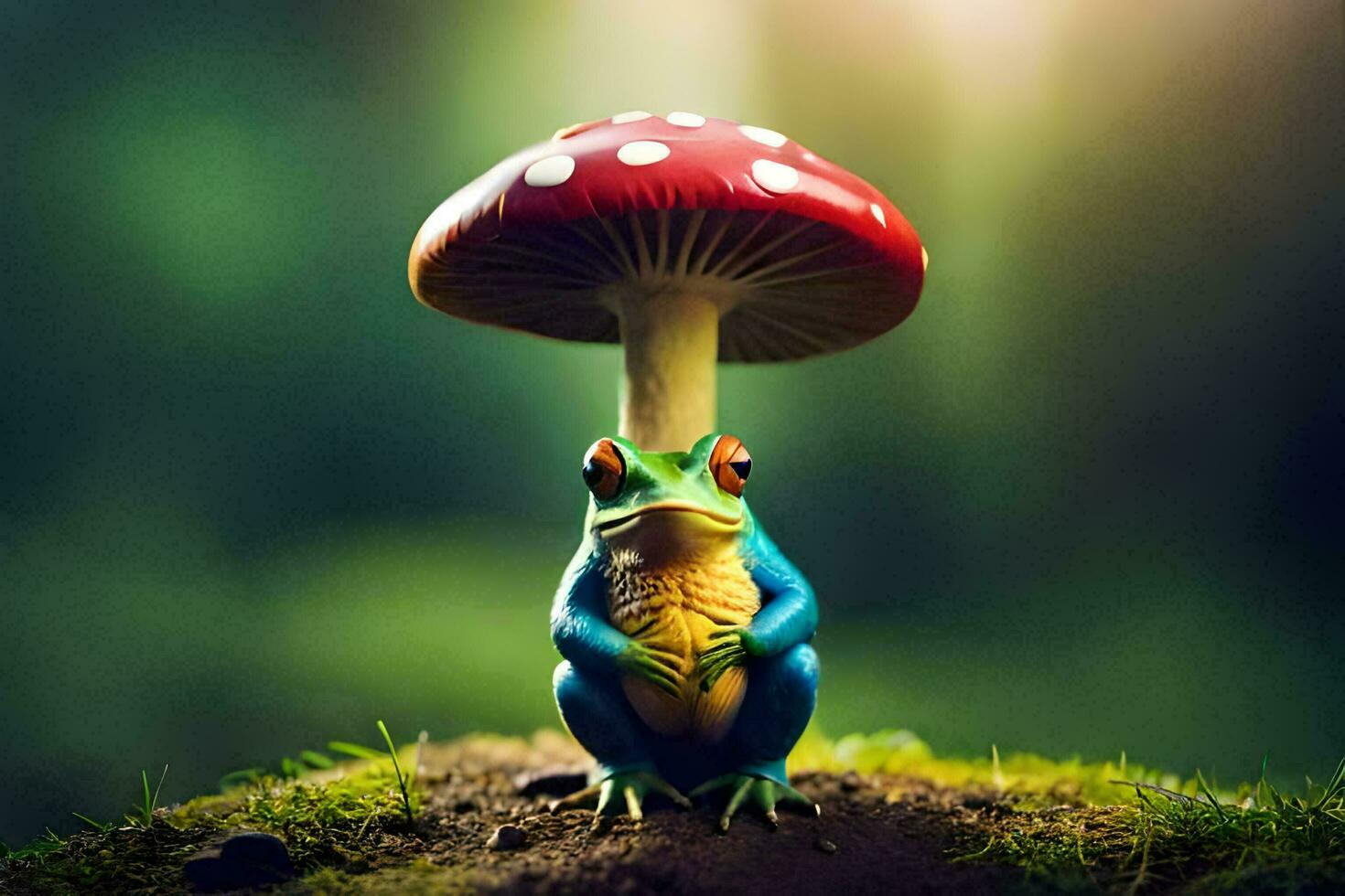a frog with a red mushroom on top of it. AI-Generated photo