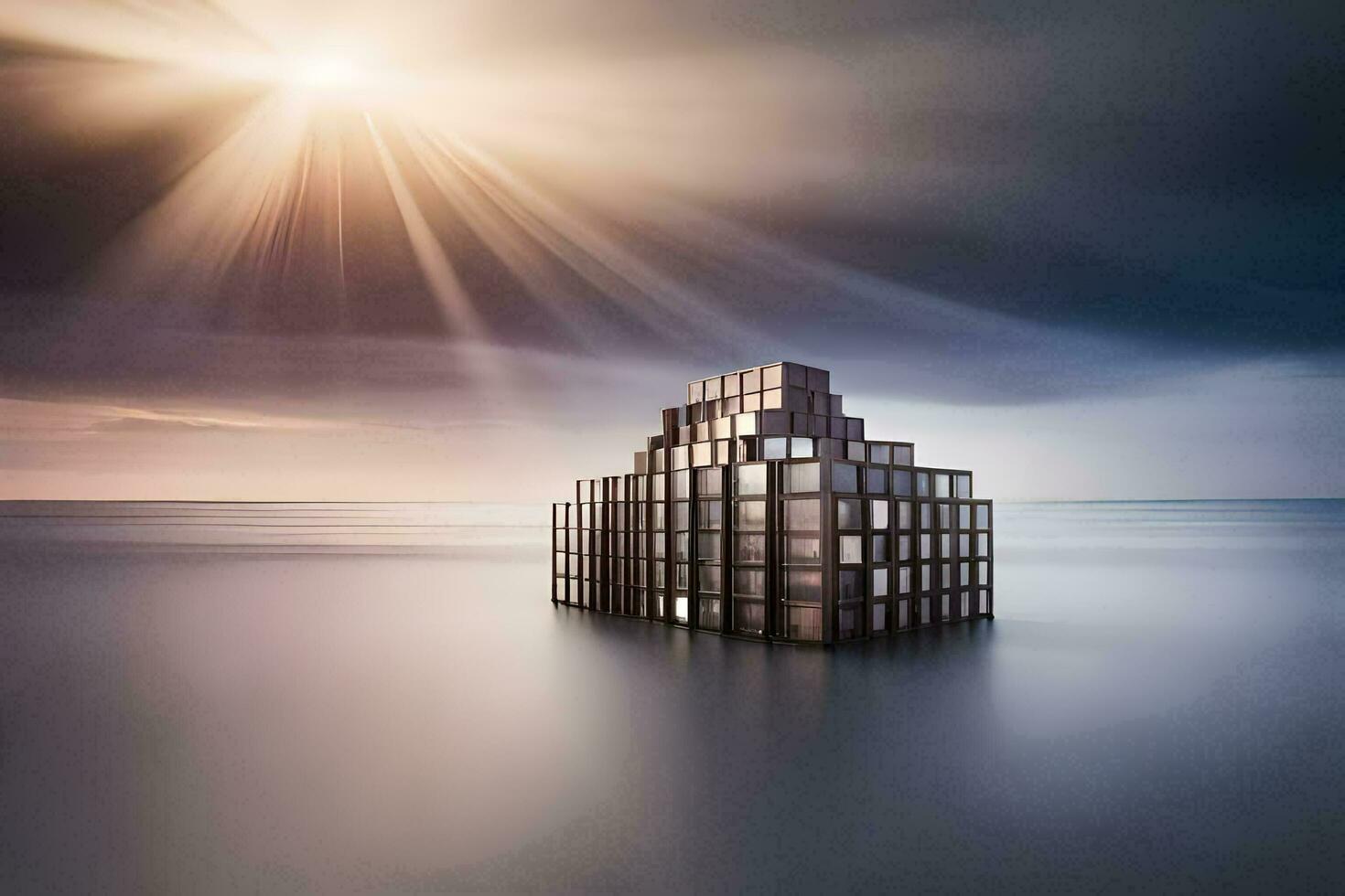 a building made out of cubes in the ocean. AI-Generated photo