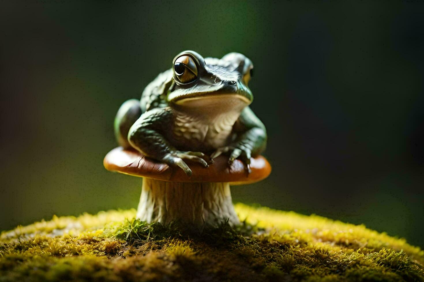 a frog sitting on top of a mushroom. AI-Generated photo