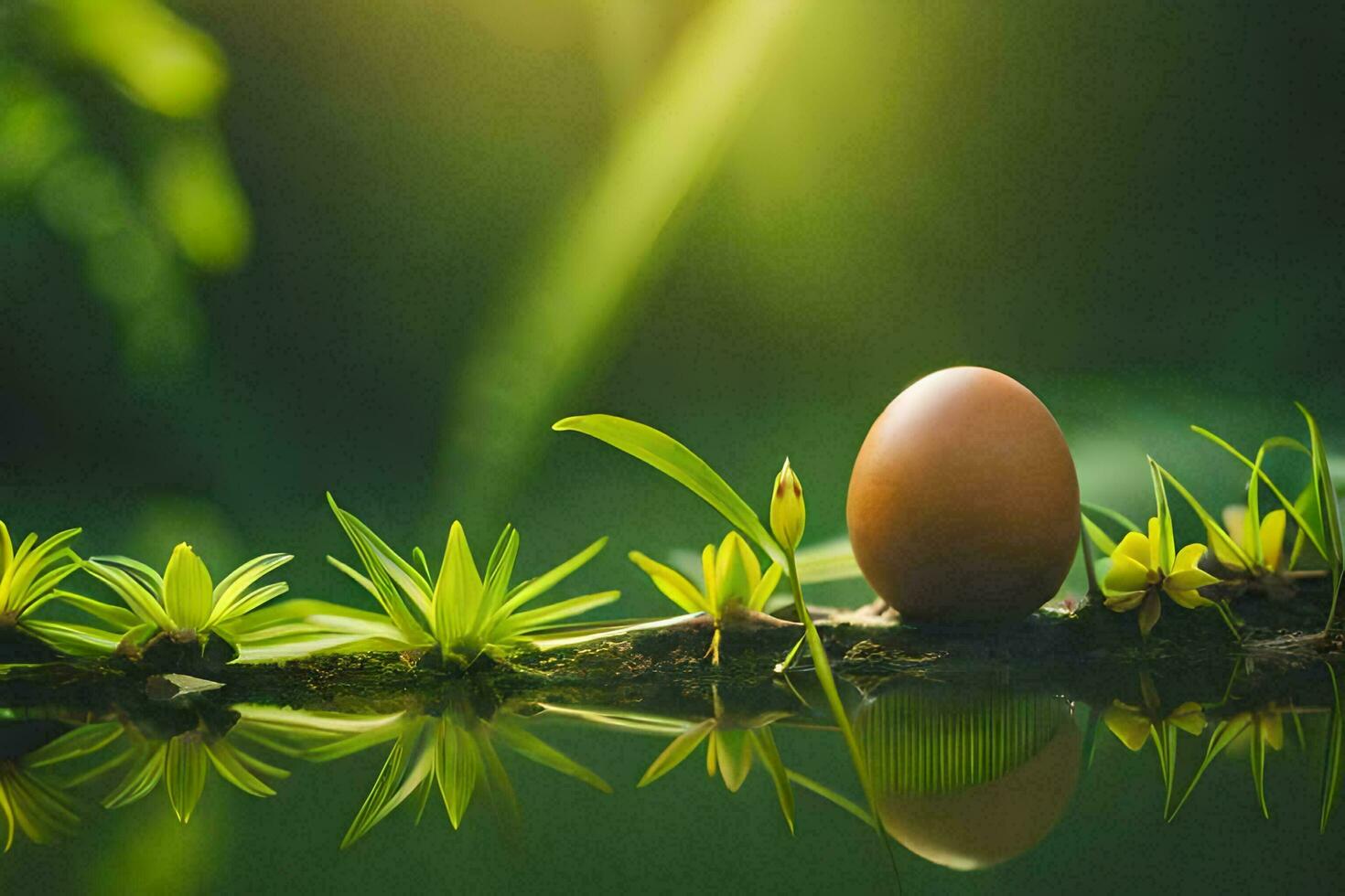 an egg is sitting on a branch in the middle of a pond. AI-Generated photo