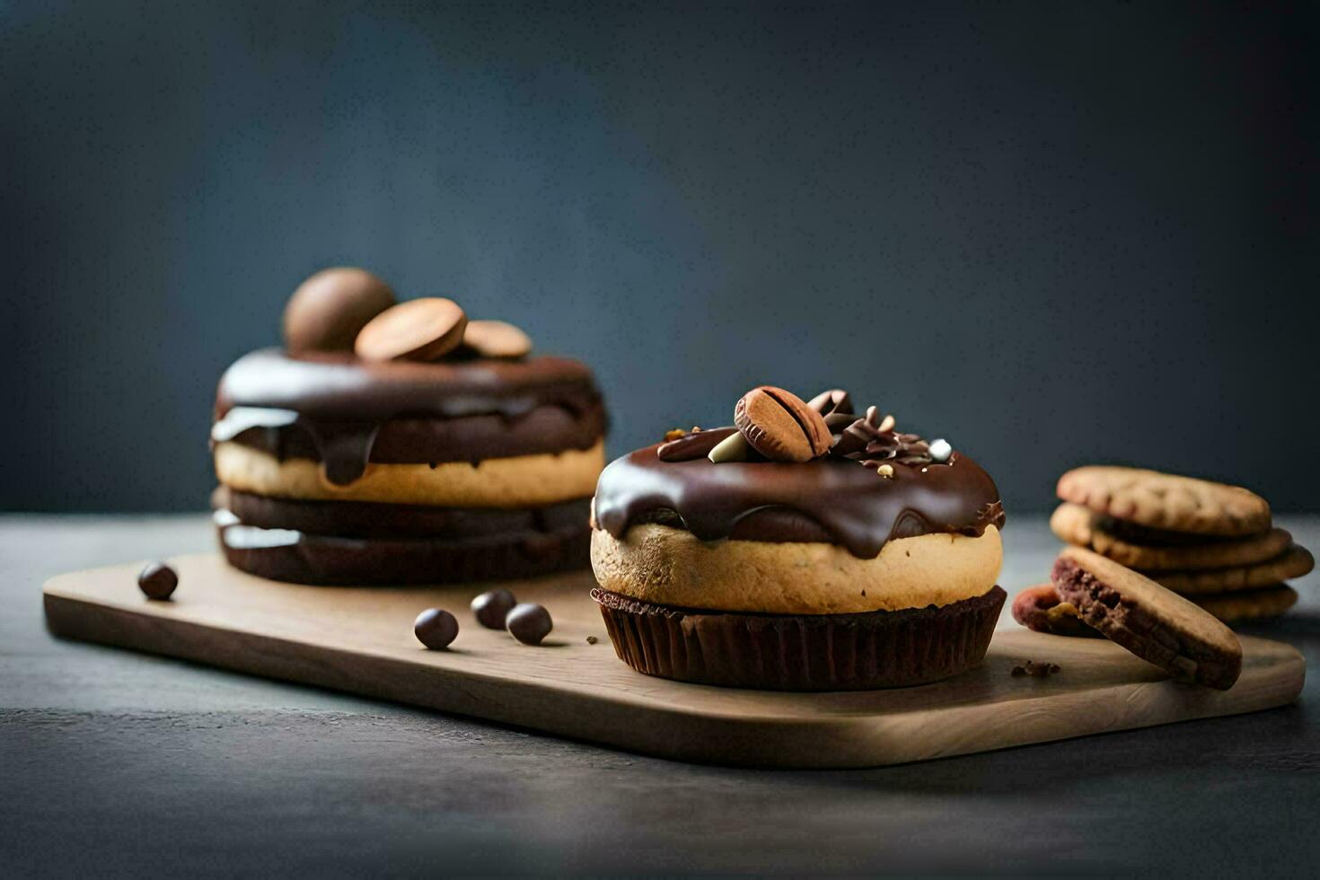 two chocolate cupcakes with peanut butter and chocolate on a wooden cutting board. AI-Generated photo