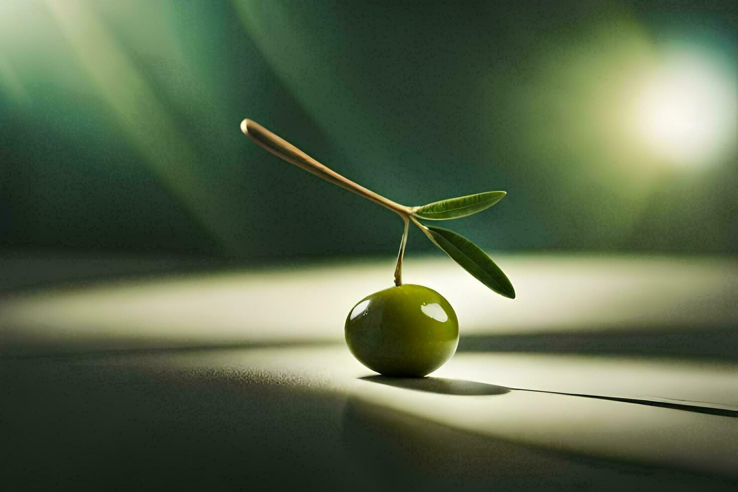 a single olive on a table with a green light. AI-Generated photo