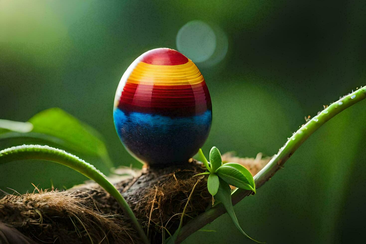 a colorful egg sitting on a branch. AI-Generated photo