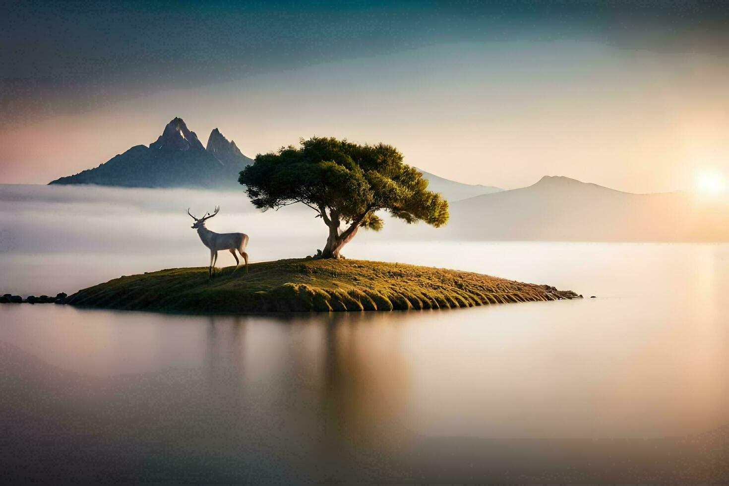 a deer stands on an island in the middle of a lake. AI-Generated photo