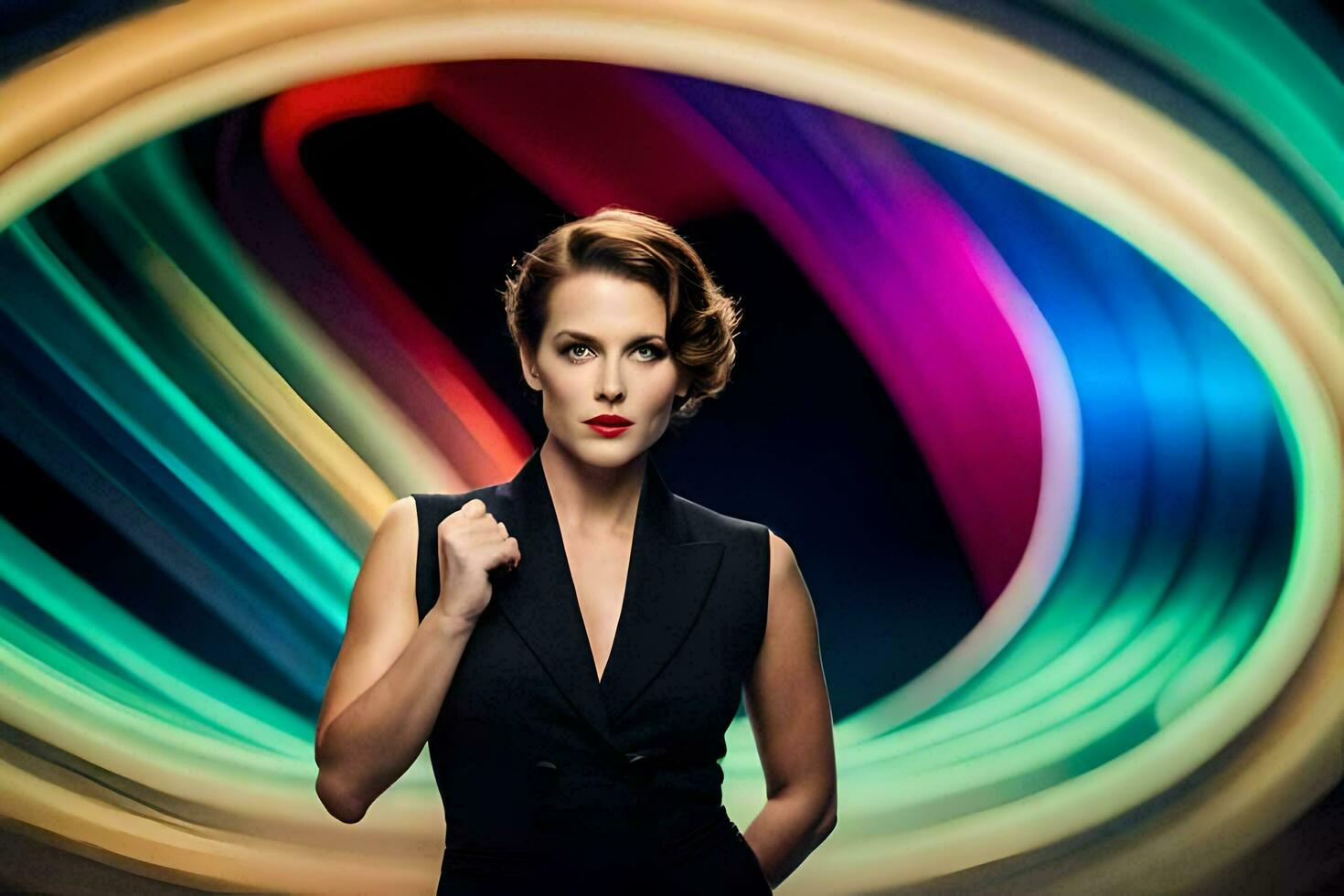 a woman in a black dress standing in front of a colorful background. AI-Generated photo