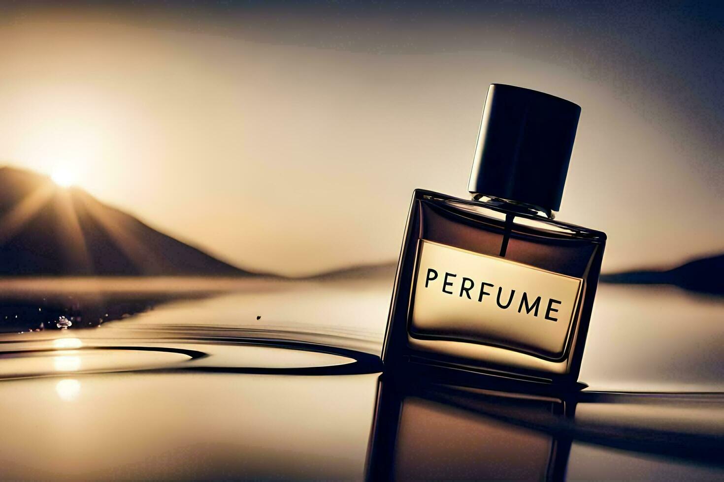 a bottle of perfume sitting on a table with the sun in the background. AI-Generated photo