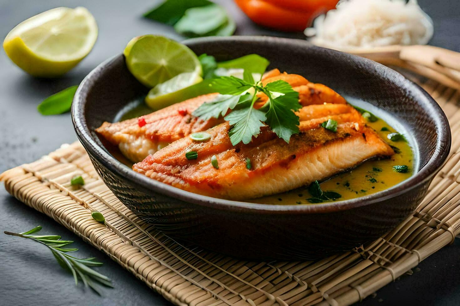 fish in curry sauce with rice and herbs. AIGenerated 32264220 Stock