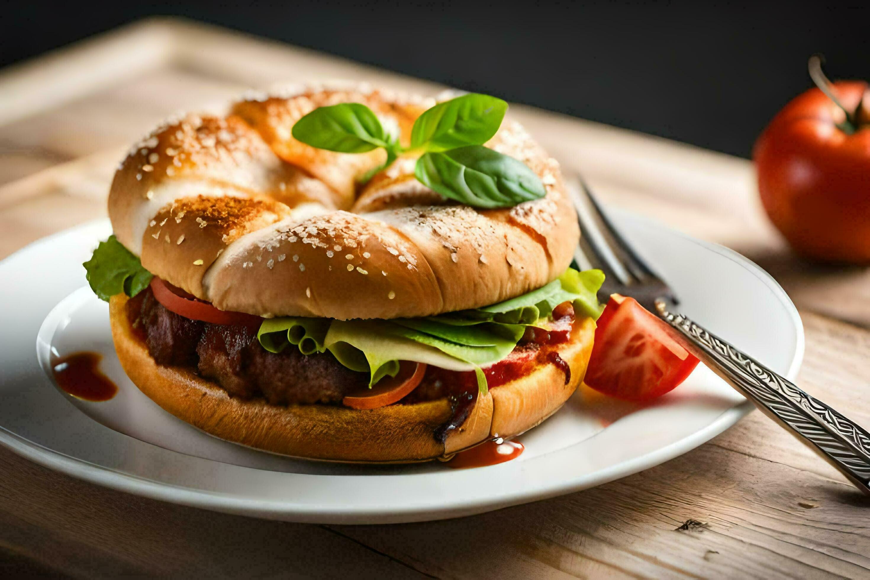 a hamburger on a bagel with tomatoes. AI-Generated 32264230 Stock Photo ...