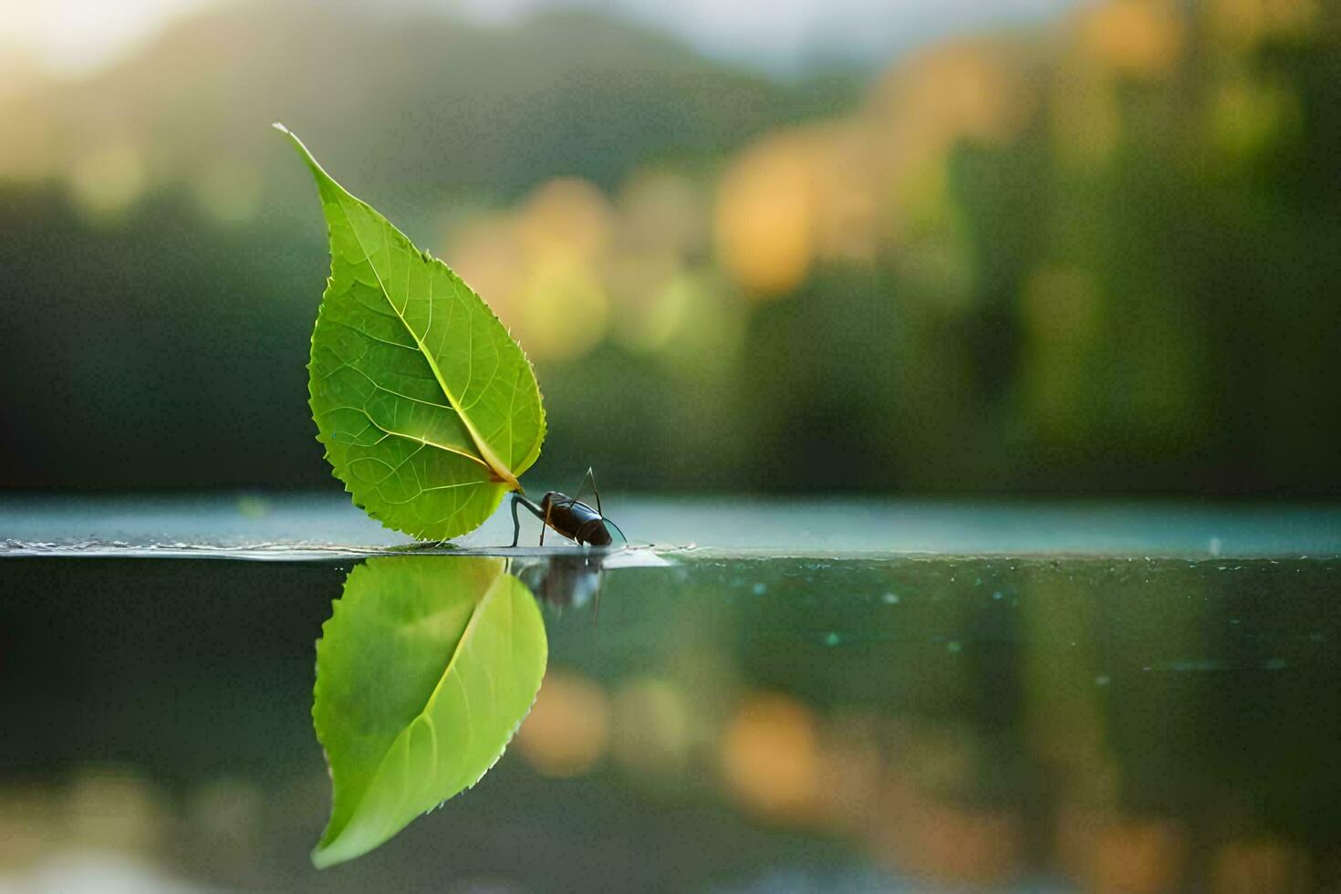 a leaf is sitting on the water with a bug. AI-Generated photo