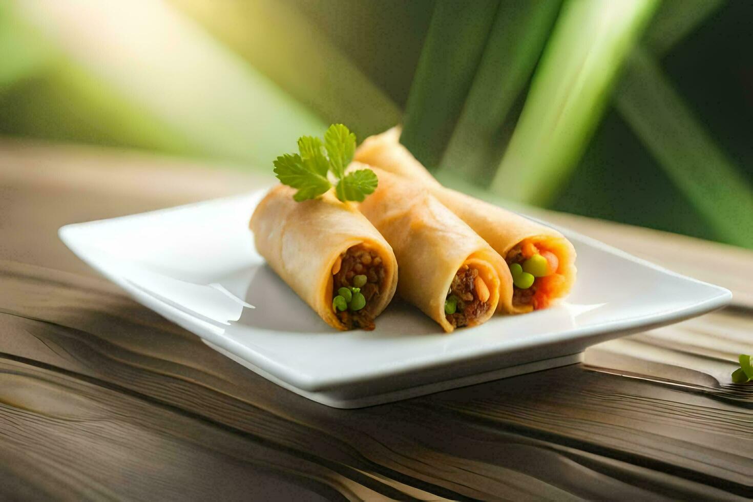 chinese food spring rolls on a plate. AI-Generated photo