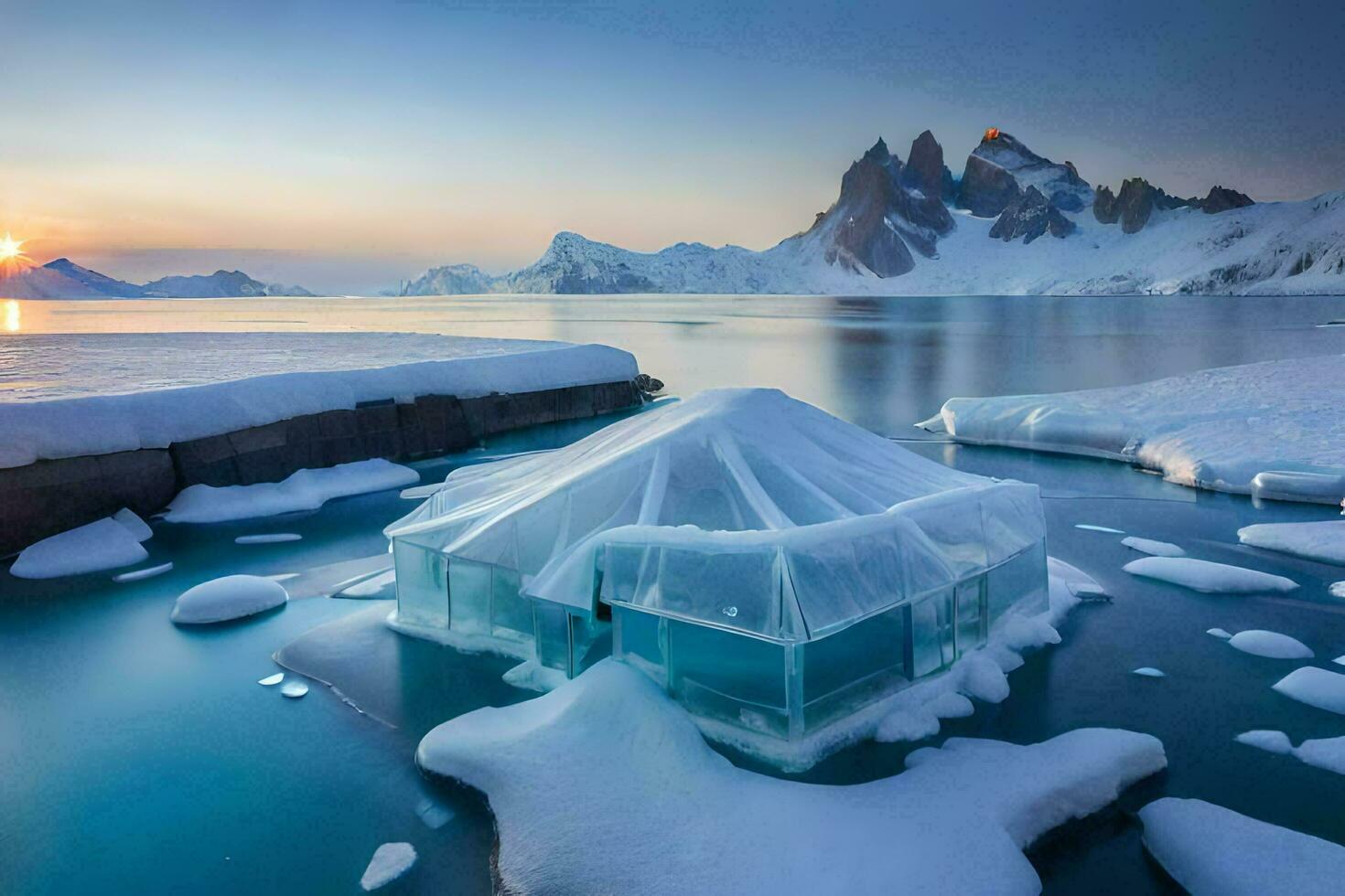 a hut made of ice floats in the water. AI-Generated photo