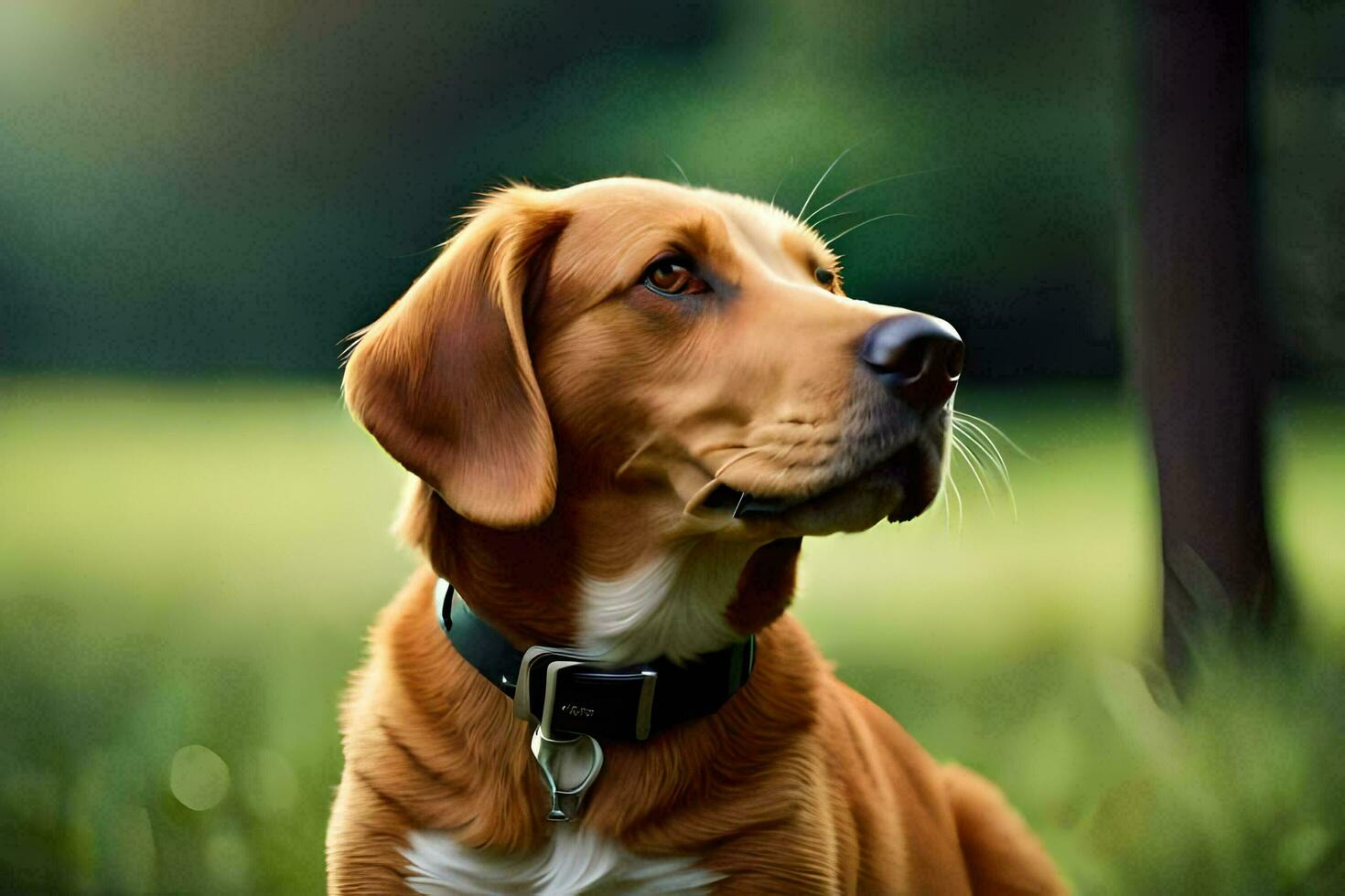 un marrón perro sentado en el césped mirando arriba. generado por ai foto