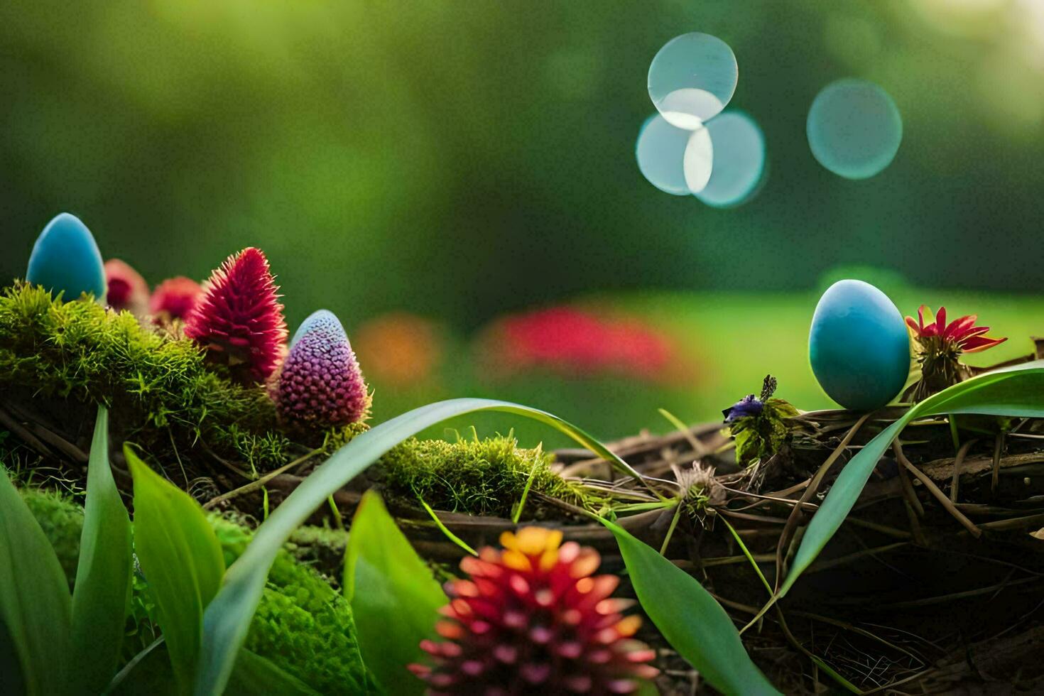 easter eggs in the grass with flowers and moss. AI-Generated photo