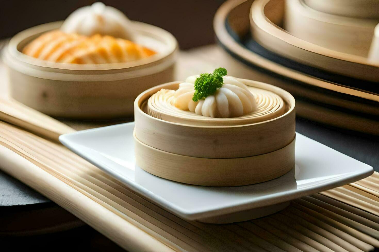 dumplings are served in bamboo baskets on a table. AI-Generated photo