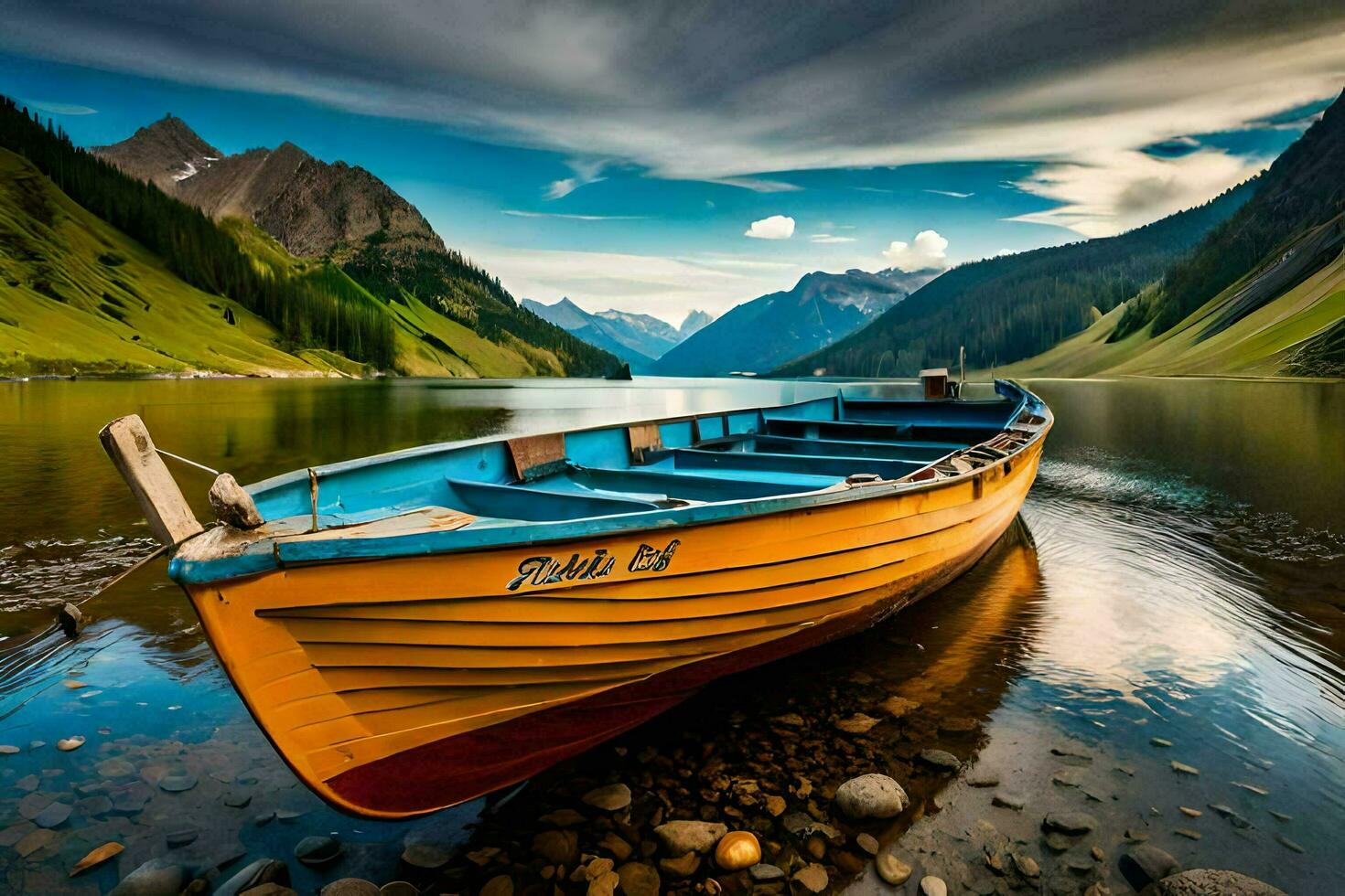 a boat sits on the shore of a lake. AI-Generated photo