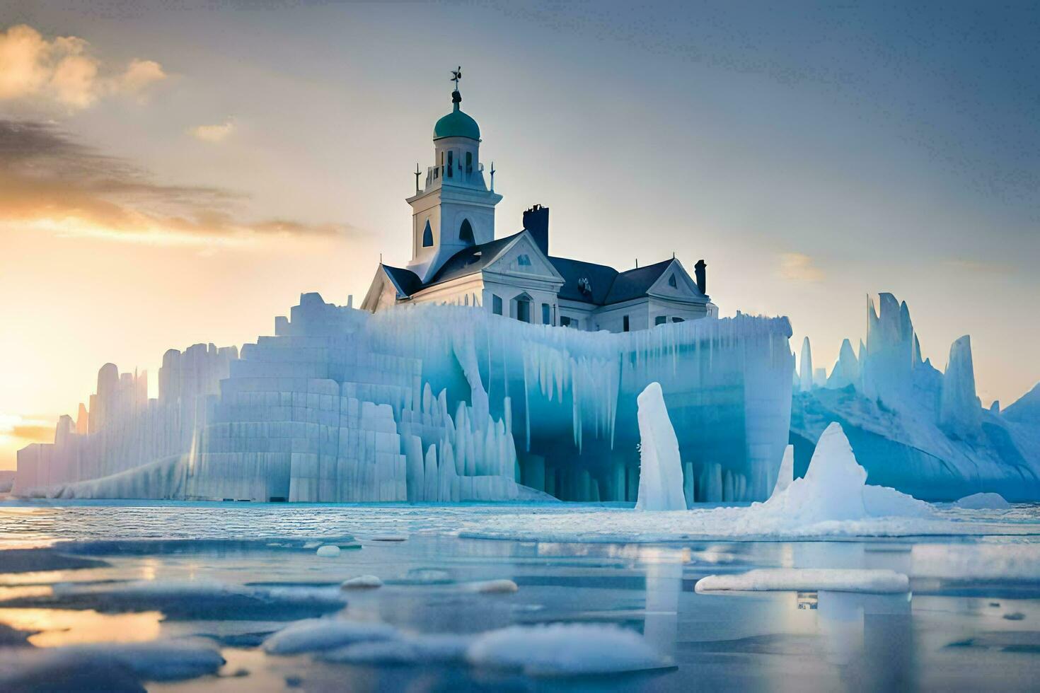 icebergs and a church in the middle of the ocean. AI-Generated photo