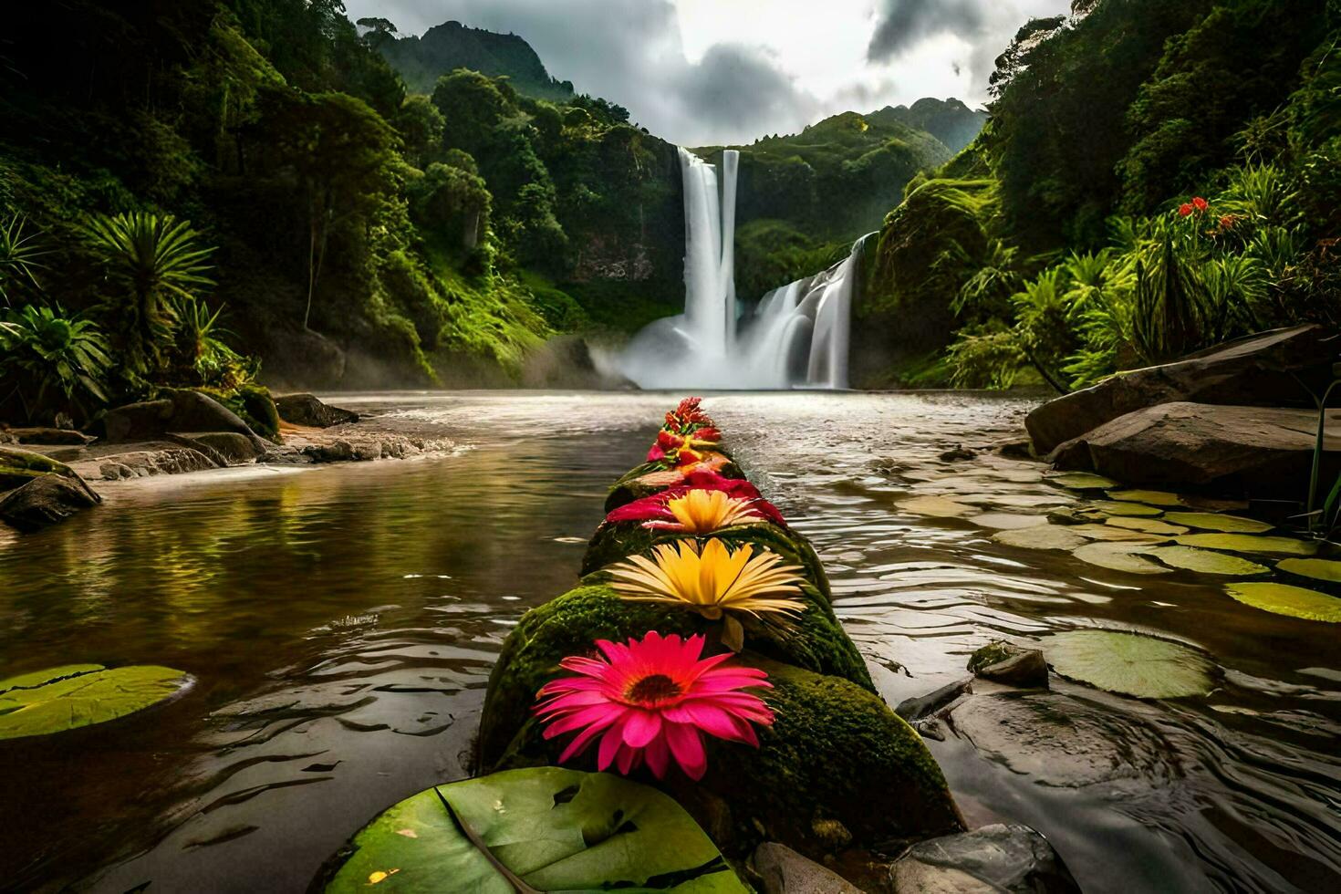waterfall, flowers, water, waterfalls, waterfalls, waterfalls, waterfalls,. AI-Generated photo