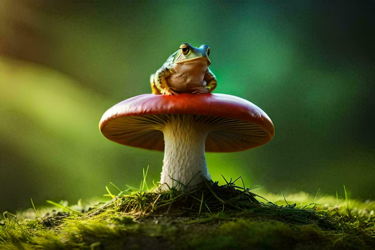 a frog sits on top of a red mushroom. AI-Generated photo